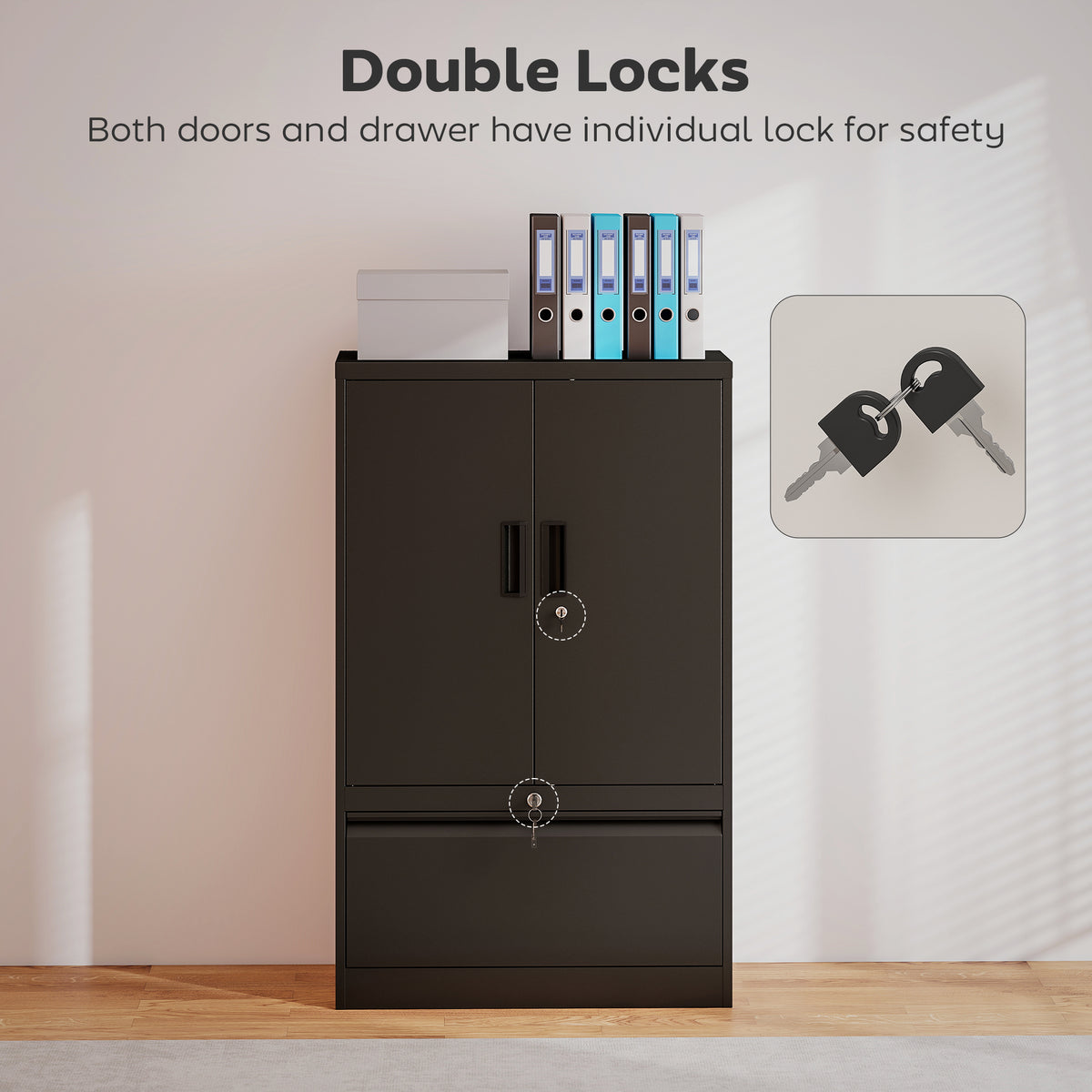Metal Lateral Filing Cabinet - Black Steel Storage Cabinet-DECOROLALA