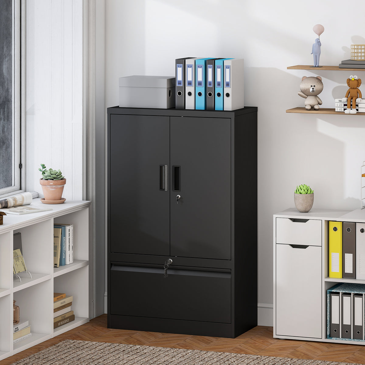 Metal Lateral Filing Cabinet - Black Steel Storage Cabinet-DECOROLALA
