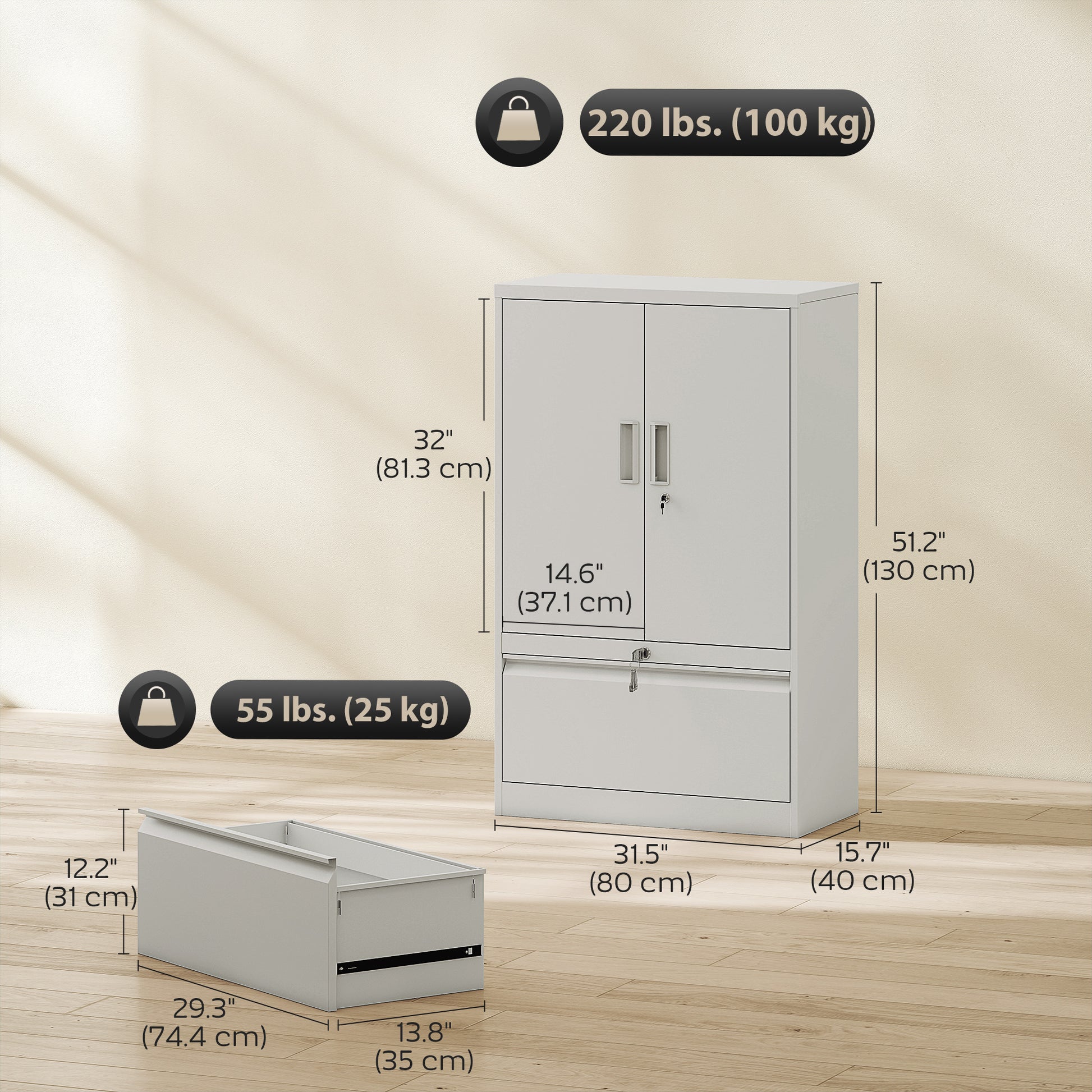 Metal Lateral Filing Cabinet - White Lockable Storage Cabinet-DECOROLALA