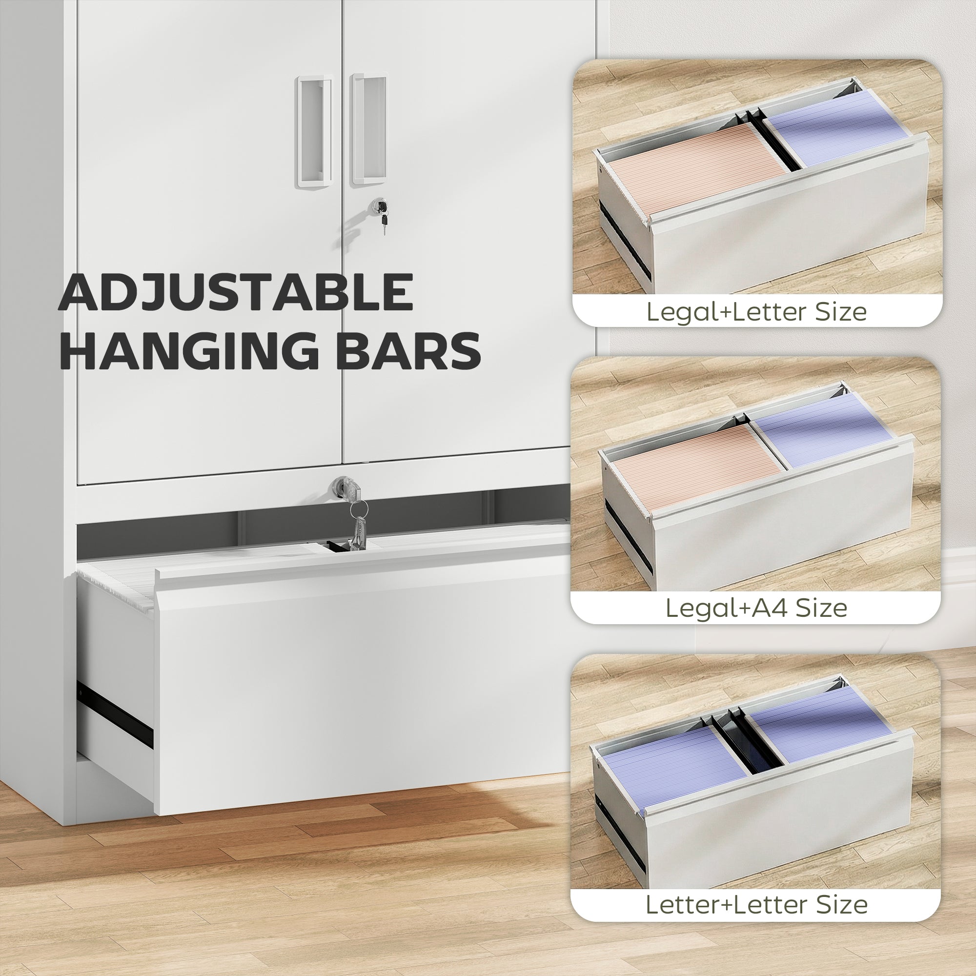 Metal Lateral Filing Cabinet - White Lockable Storage Cabinet-DECOROLALA