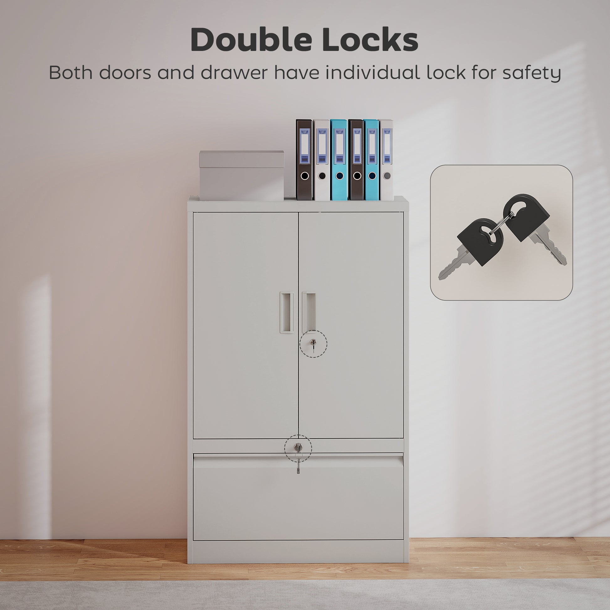 Metal Lateral Filing Cabinet - White Lockable Storage Cabinet-DECOROLALA
