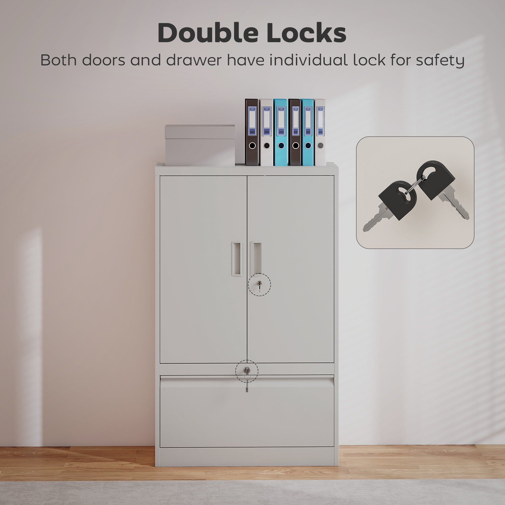 Metal Lateral Filing Cabinet - White Lockable Storage Cabinet-DECOROLALA