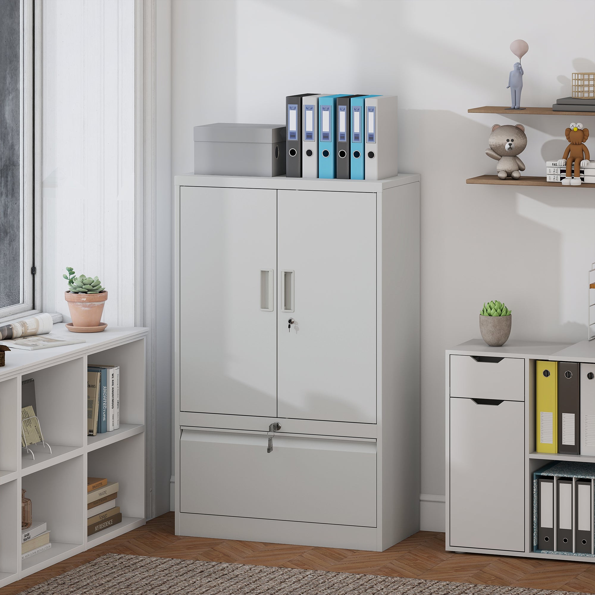Metal Lateral Filing Cabinet - White Lockable Storage Cabinet-DECOROLALA