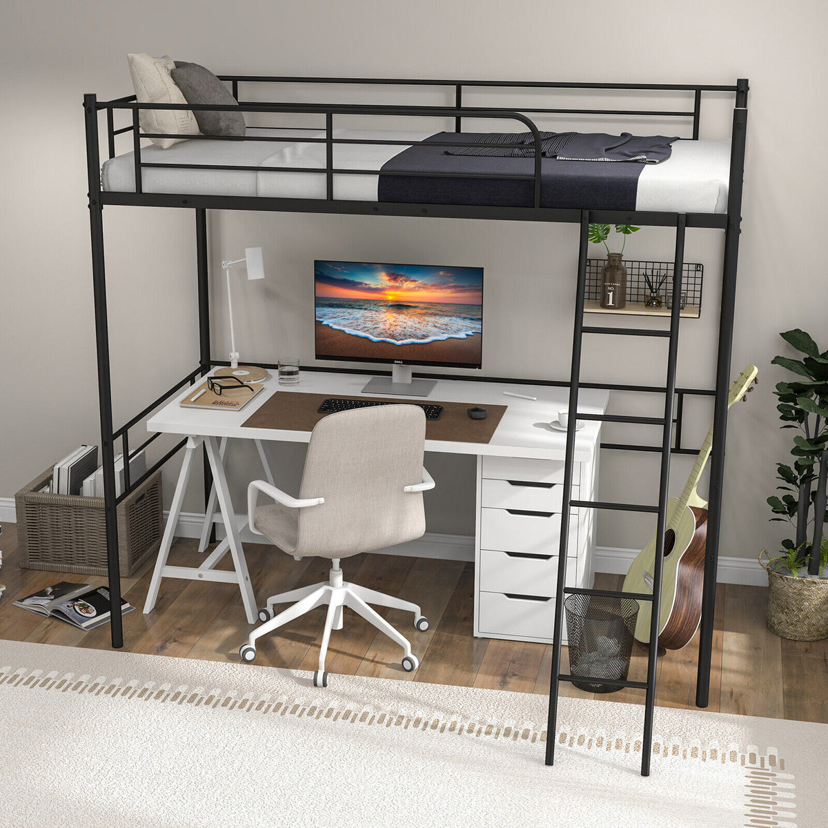 Metal Loft Twin Bed Frame Single High Loft Bed-Black-Bunk Bed Frame-DECOROLALA