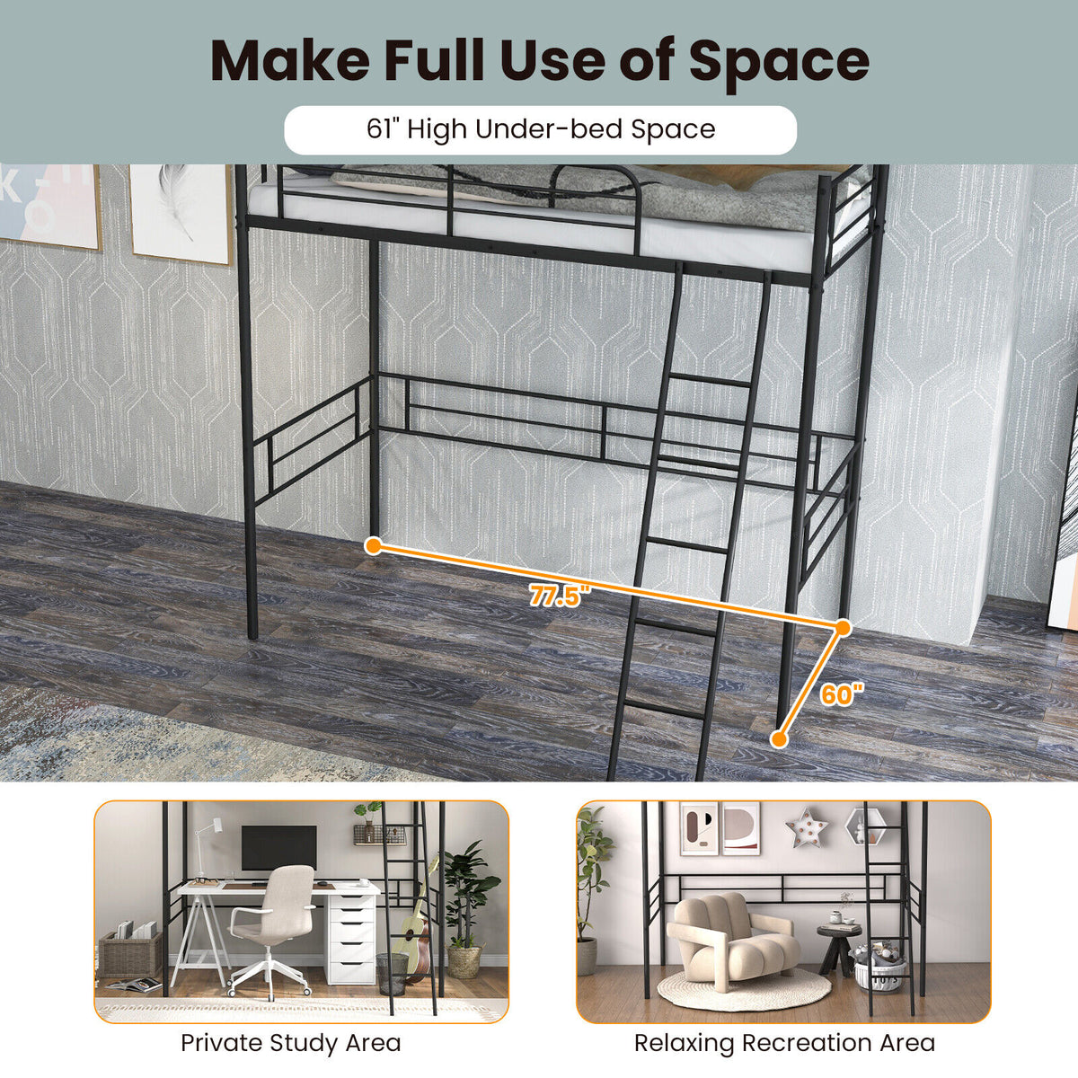 Metal Loft Twin Bed Frame Single High Loft Bed-Black-Bunk Bed Frame-DECOROLALA