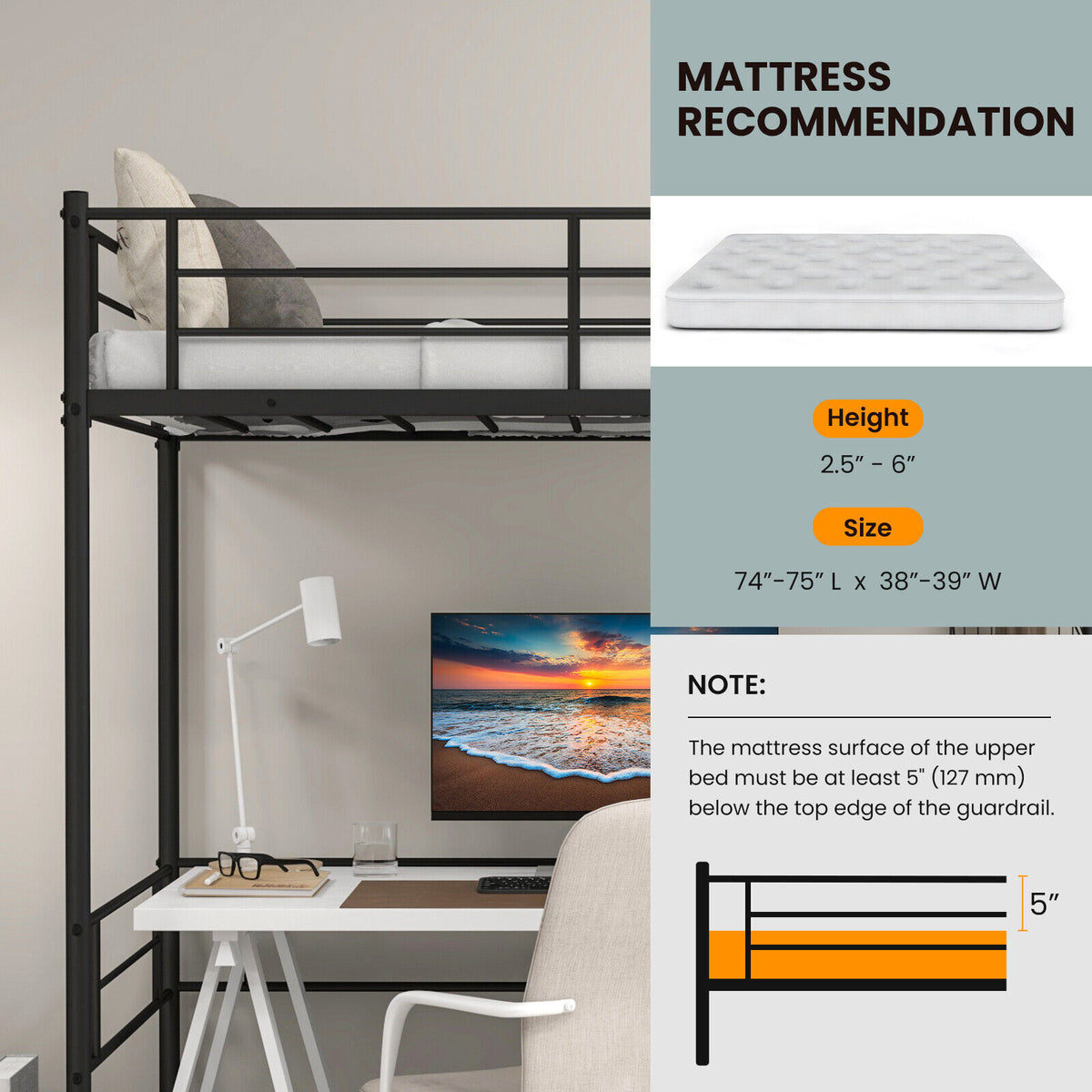 Metal Loft Twin Bed Frame Single High Loft Bed-Black-Bunk Bed Frame-DECOROLALA