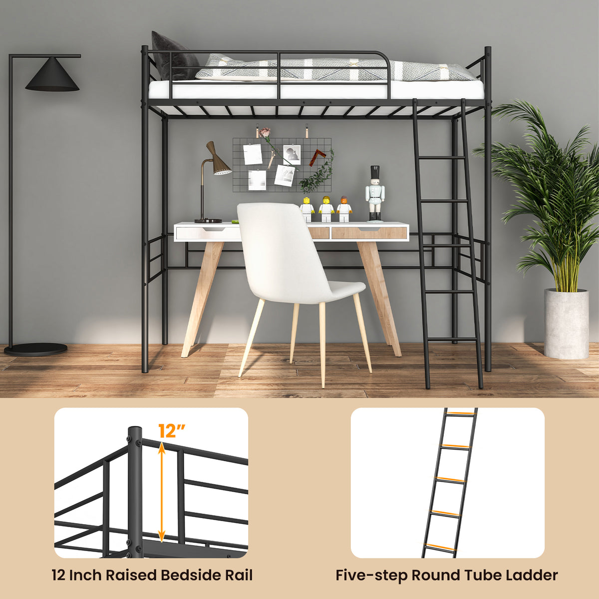 Metal Loft Twin Bed Frame Single High Loft Bed-Black-Bunk Bed Frame-DECOROLALA