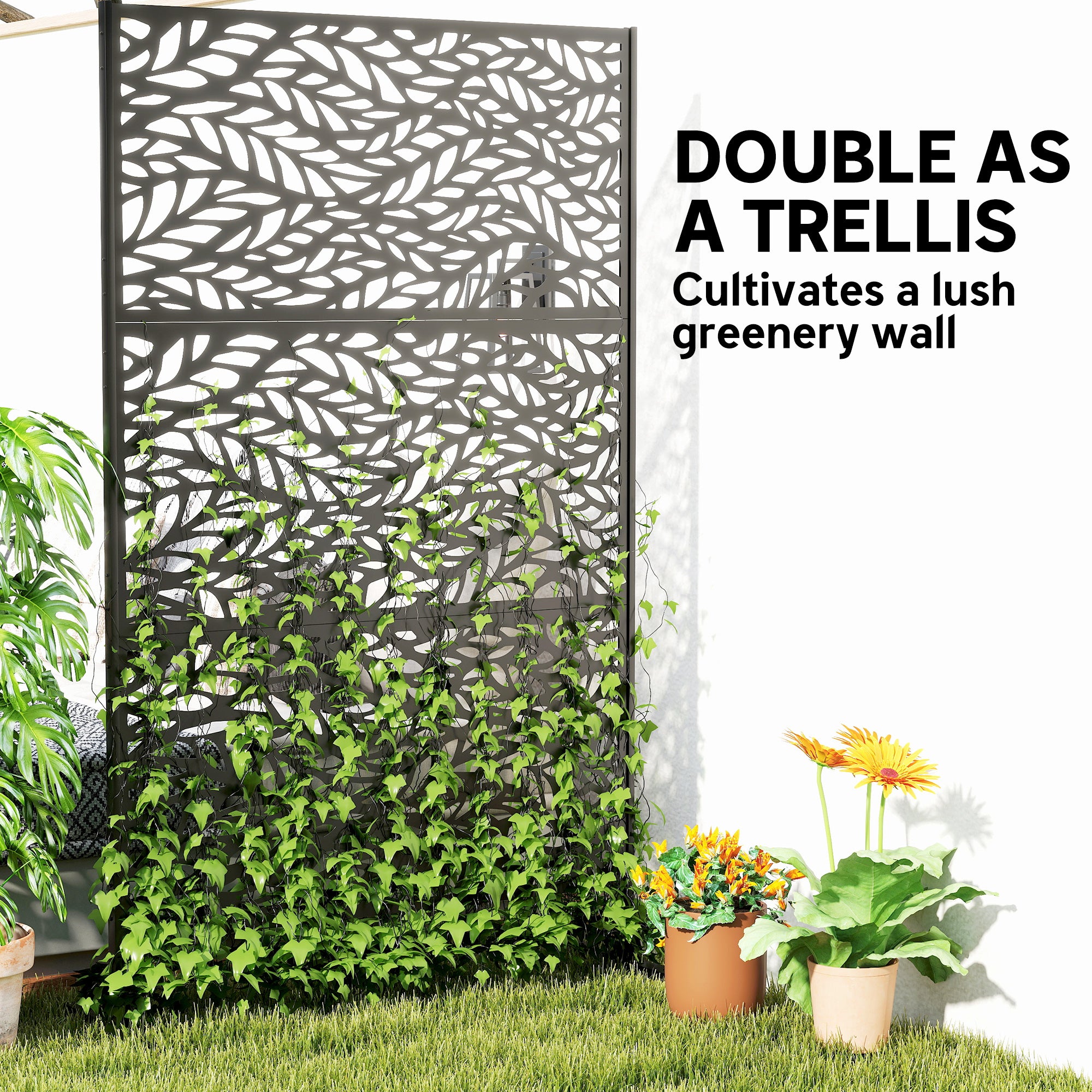 Metal Outdoor Privacy Screen - 78" x 48" Black Steel Trellis-DECOROLALA