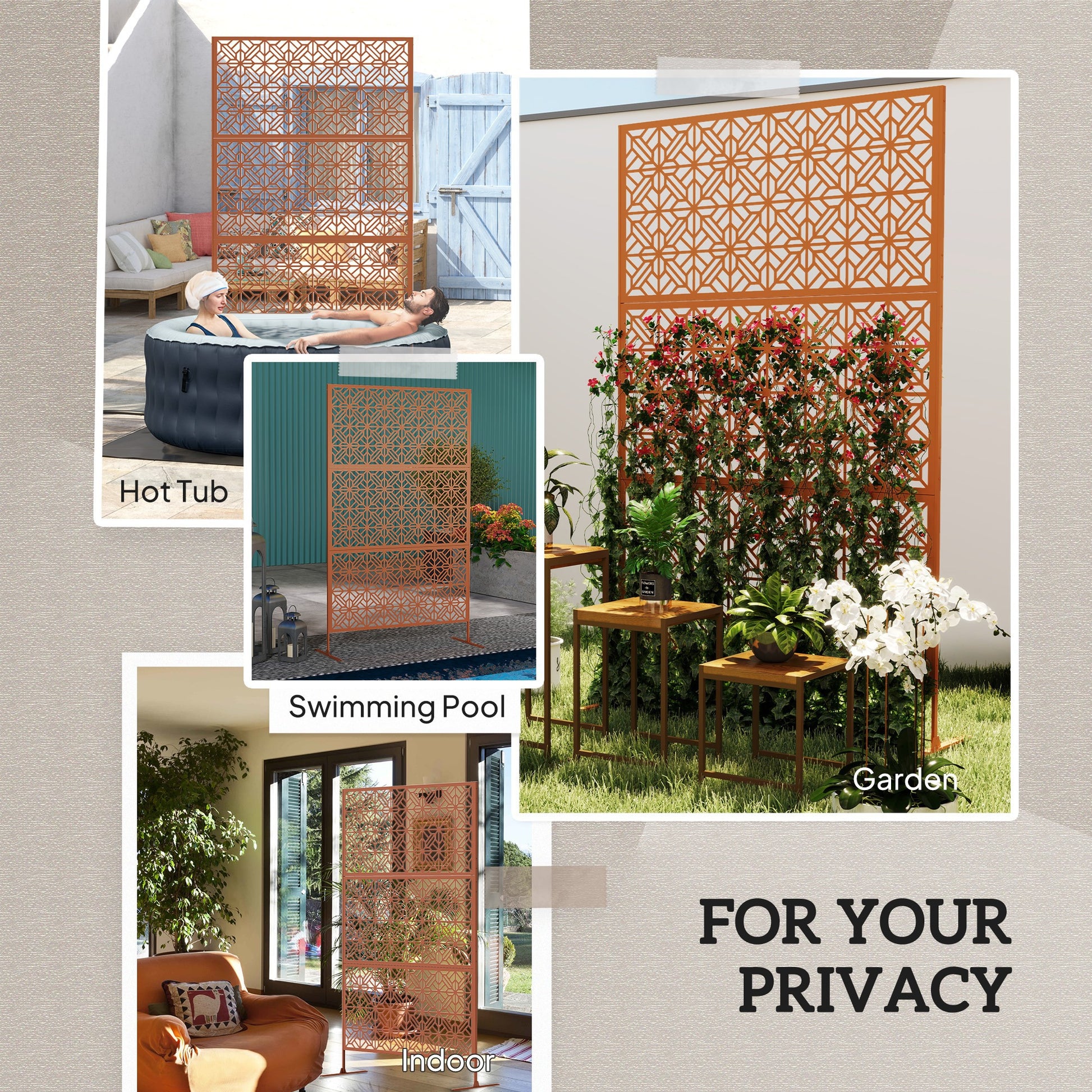 Metal Outdoor Privacy Screen - Brown 48" x 78" Trellis Stand-DECOROLALA