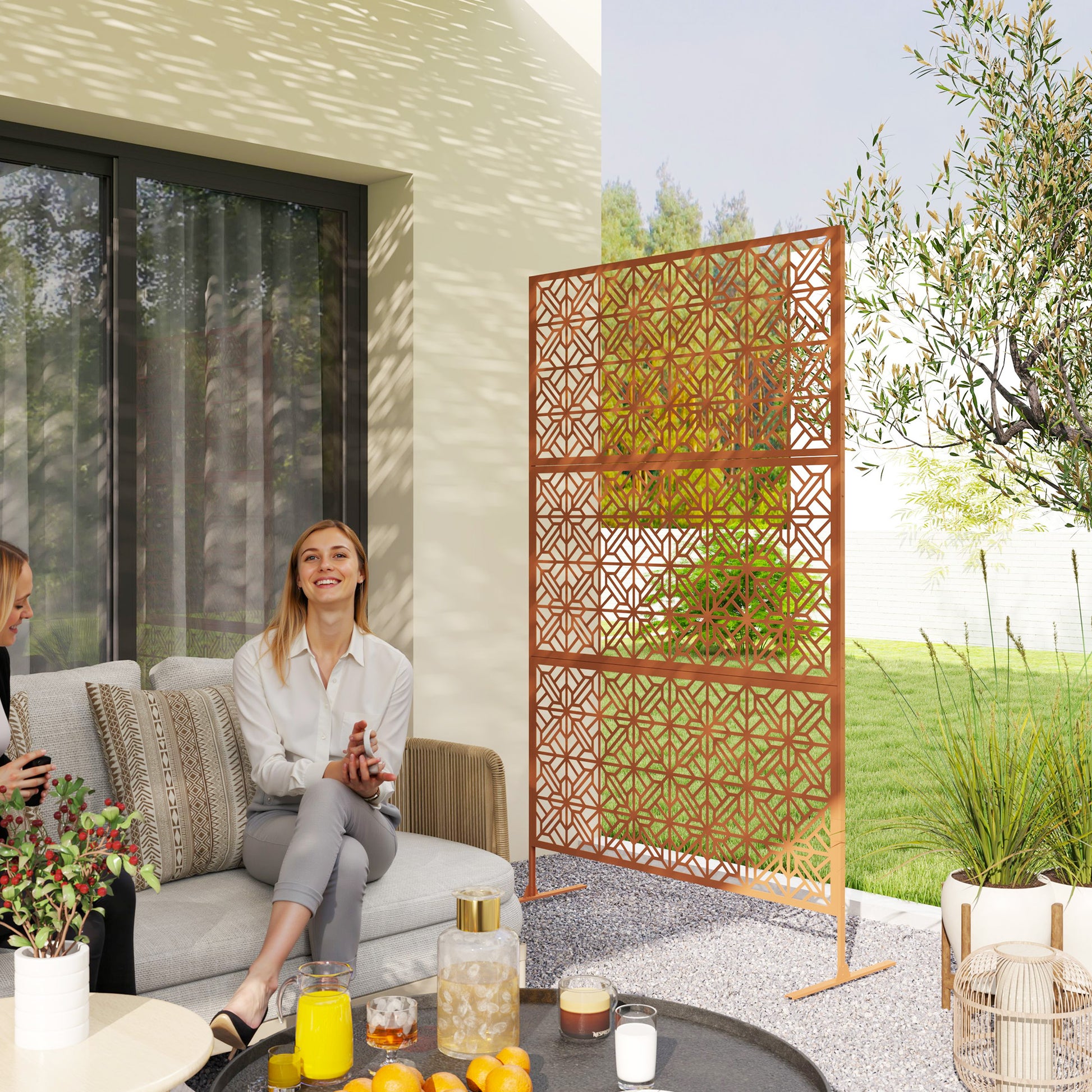 Metal Outdoor Privacy Screen - Brown 48" x 78" Trellis Stand-DECOROLALA