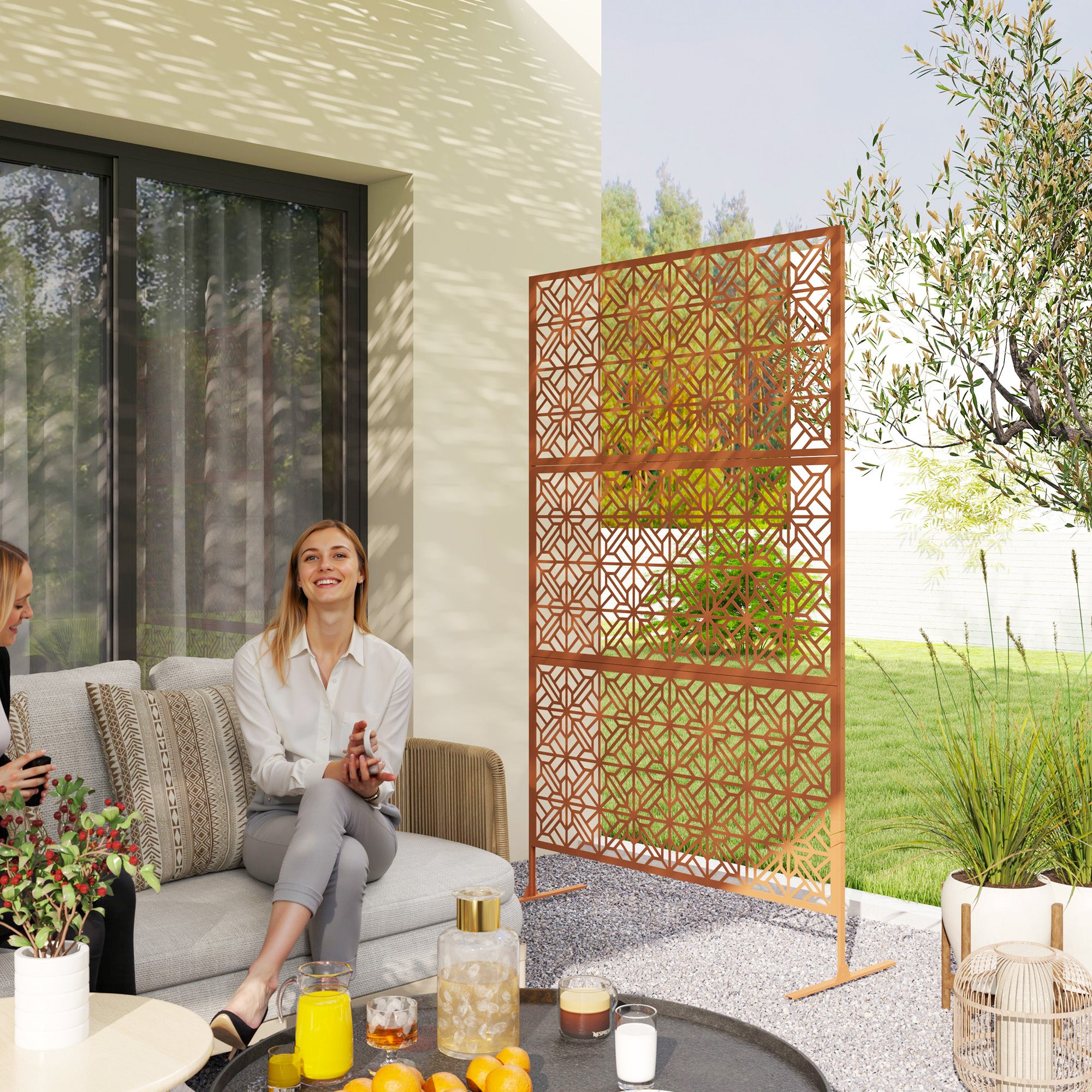 Metal Outdoor Privacy Screen - Brown 48" x 78" Trellis Stand-DECOROLALA