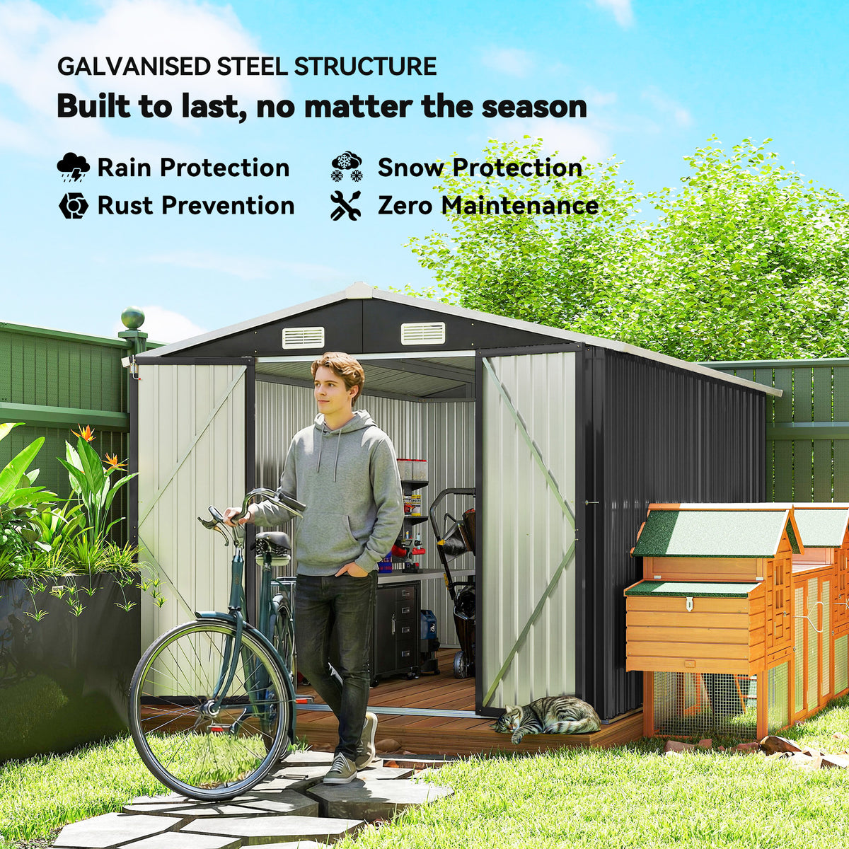 Metal Shed 12' x 8' Heavy Duty Outdoor Storage Dark Grey-Storage Sheds-DECOROLALA