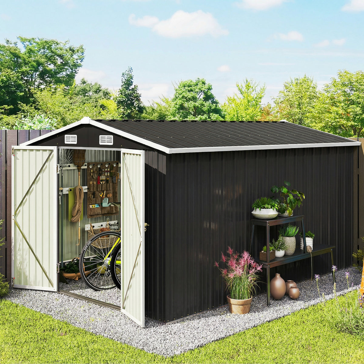Metal Shed 12' x 8' Heavy Duty Outdoor Storage Dark Grey-Storage Sheds-DECOROLALA