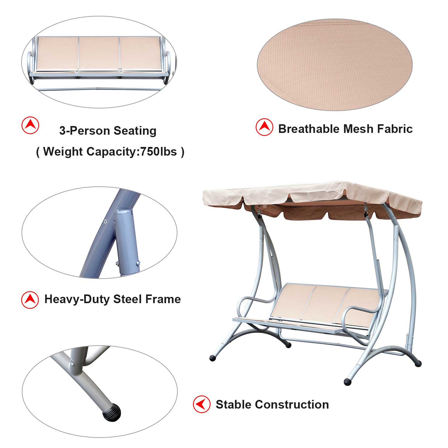 Metal Swing Chair Hammock 3-Seat Patio Beige Heavy Duty Outdoor-DECOROLALA