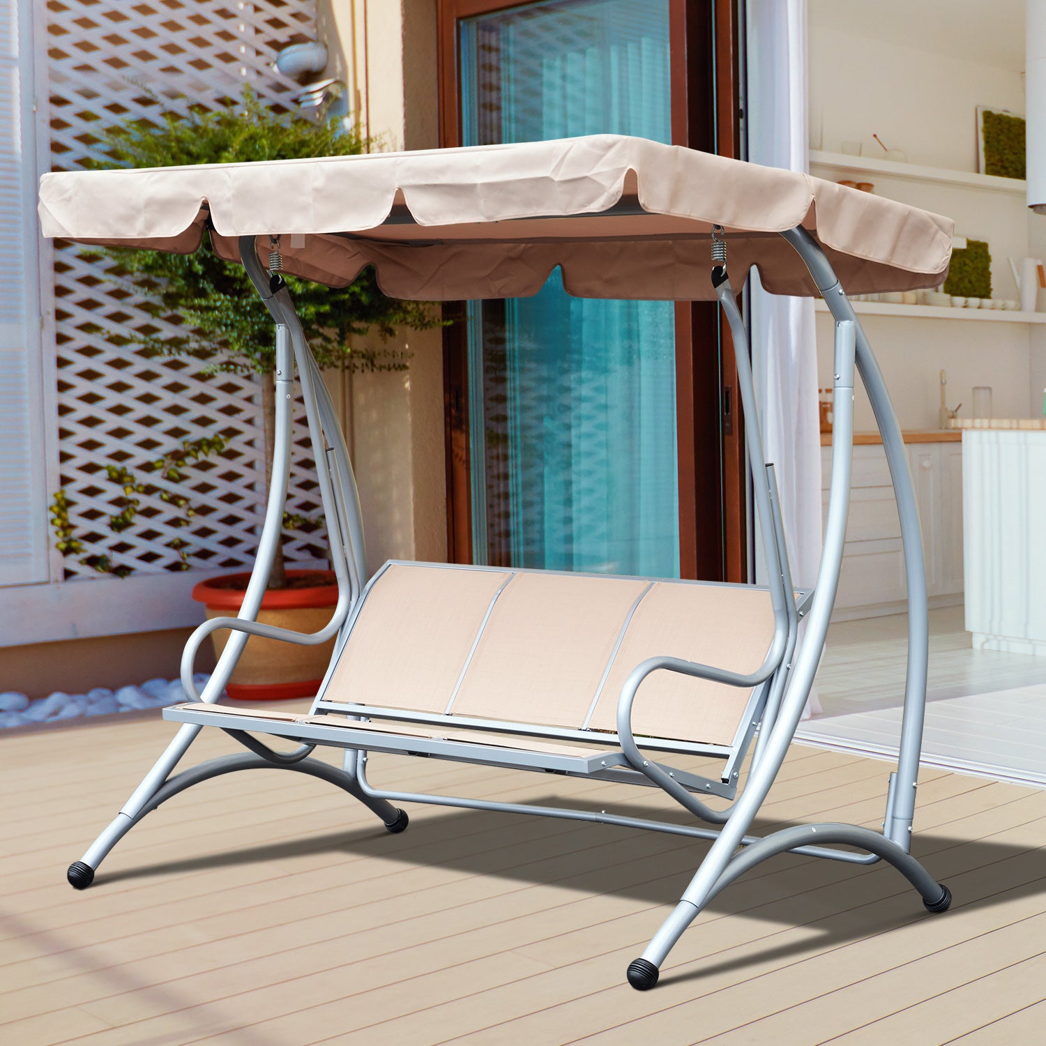 Metal Swing Chair Hammock 3-Seat Patio Beige Heavy Duty Outdoor-DECOROLALA