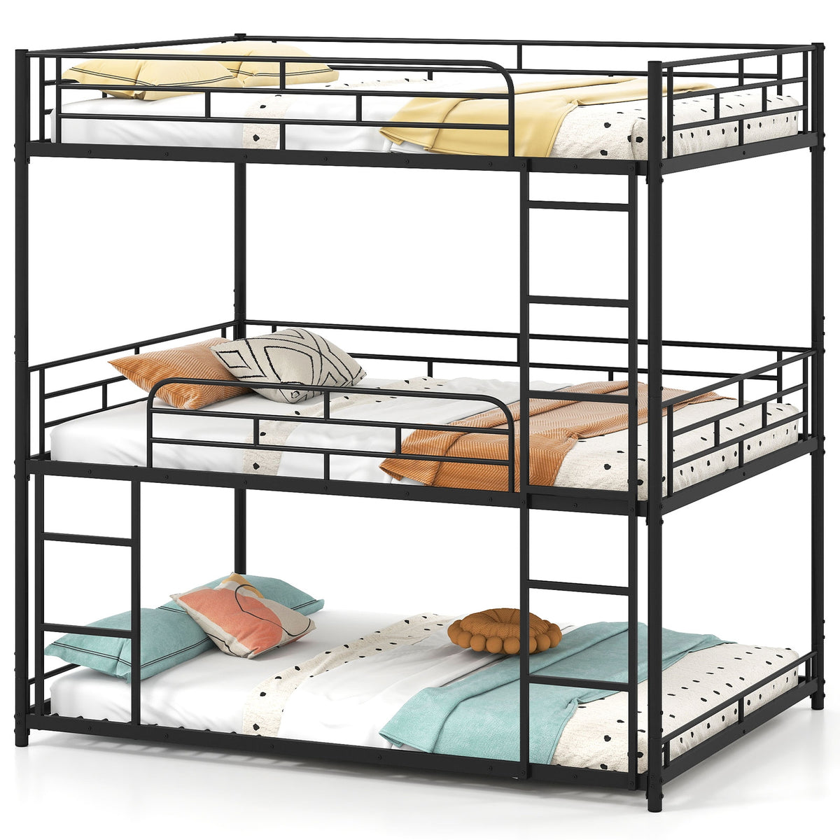 Metal Triple Bunk Bed with Safety Guardrails and 2 Ladders-Black-Bunk Bed Frame-DECOROLALA