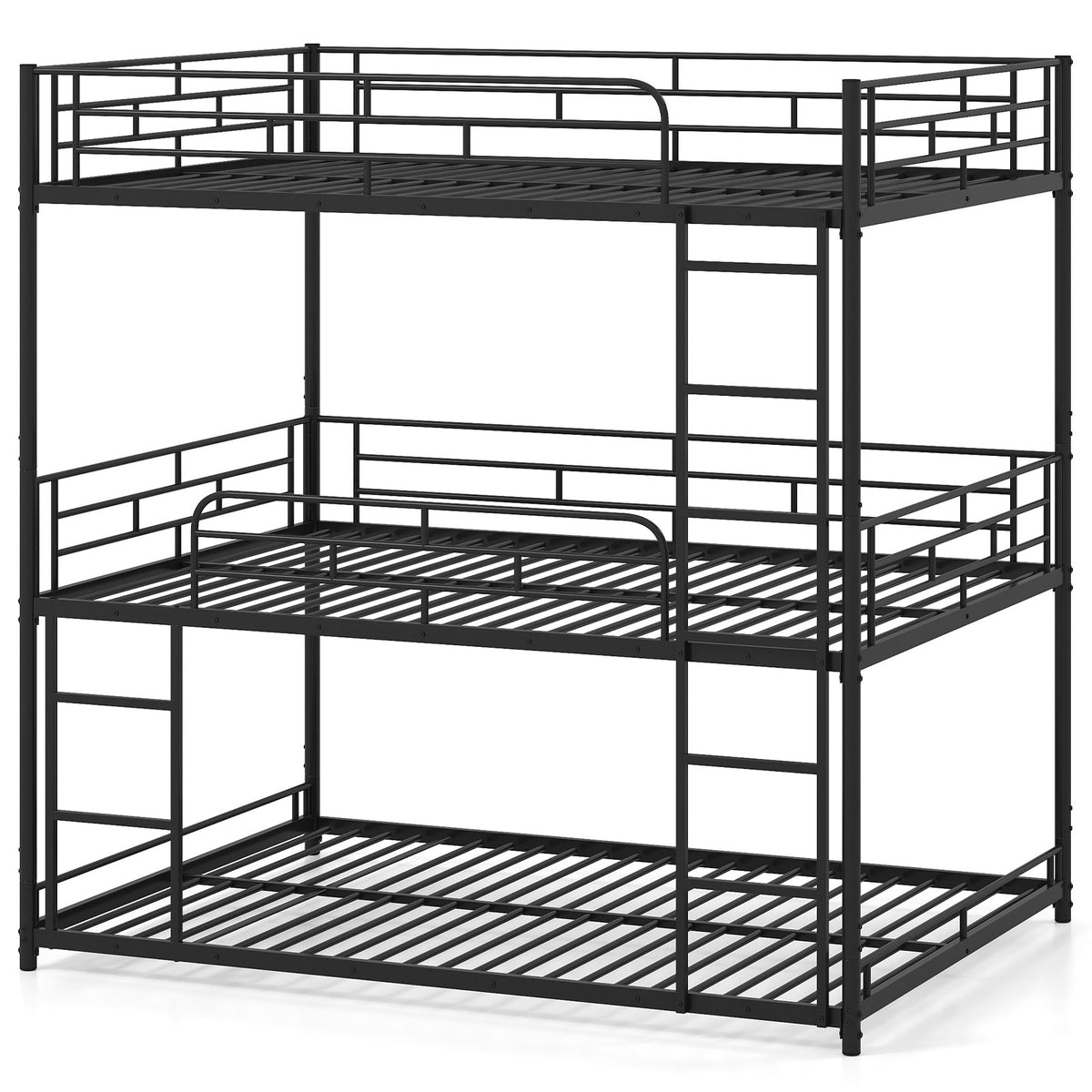 Metal Triple Bunk Bed with Safety Guardrails and 2 Ladders-Black-Bunk Bed Frame-DECOROLALA