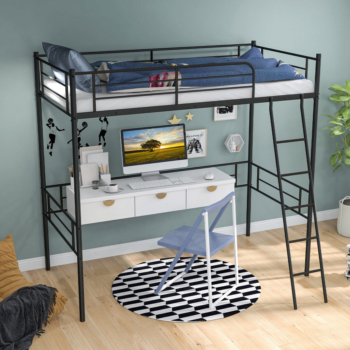 Metal Twin Loft Bed Frame - Black 77.5" x 40" x 73"-Bunk Bed Frame-DECOROLALA