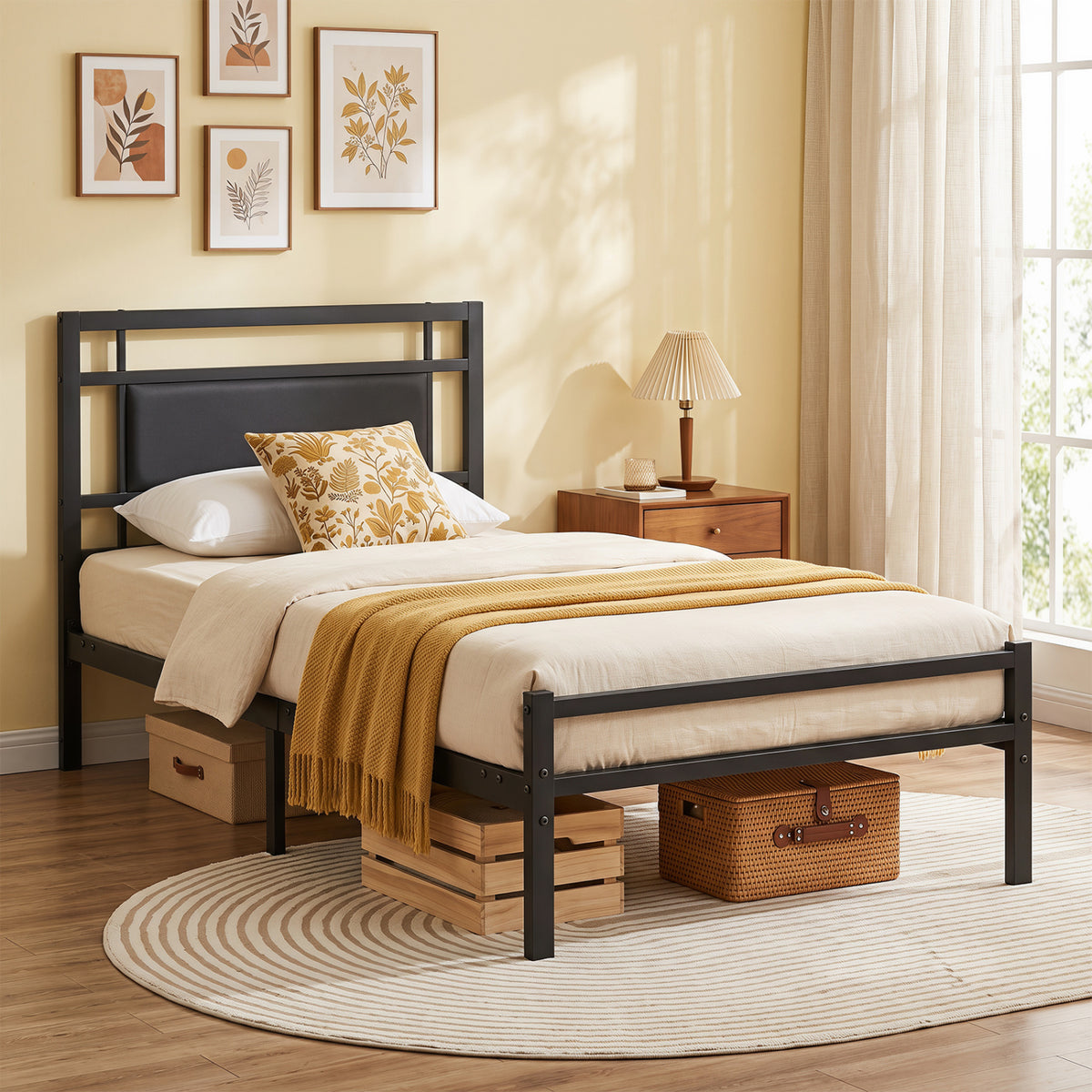 Metal Bed Frame with Upholstered Headboard-Twin Size-Beds & Bed Frames-DECOROLALA