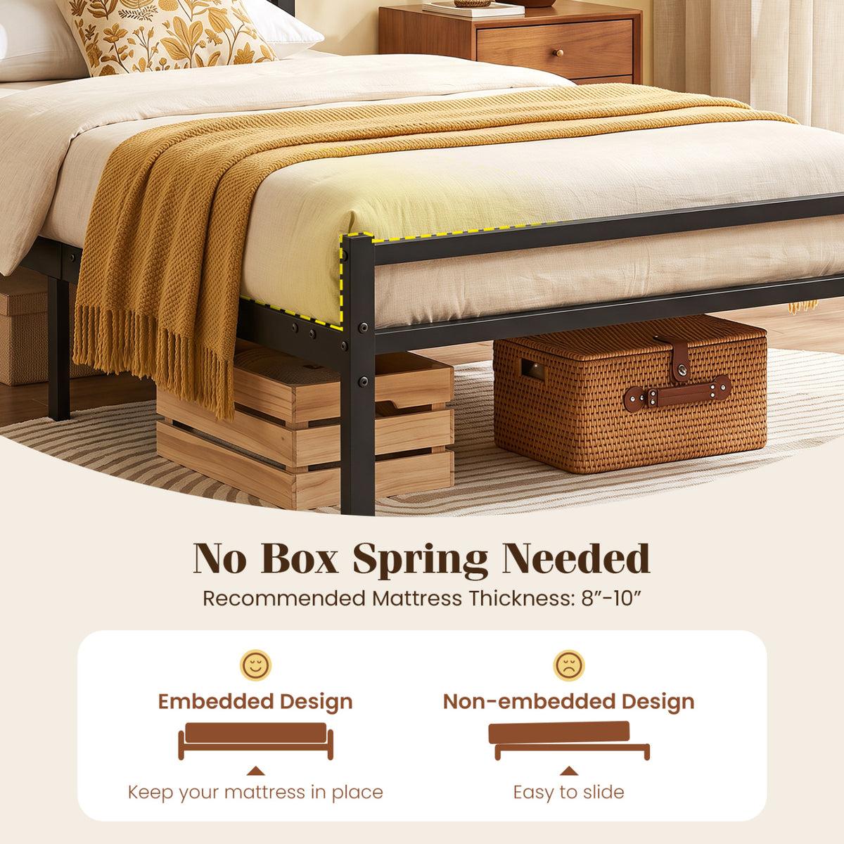 Metal Bed Frame with Upholstered Headboard-Twin Size-Beds & Bed Frames-DECOROLALA