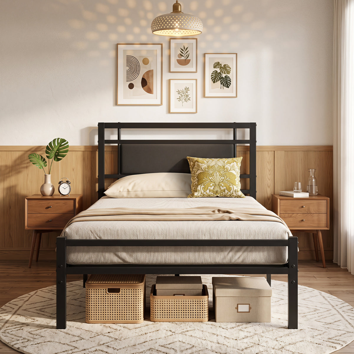 Metal Bed Frame with Upholstered Headboard-Twin Size-Beds & Bed Frames-DECOROLALA