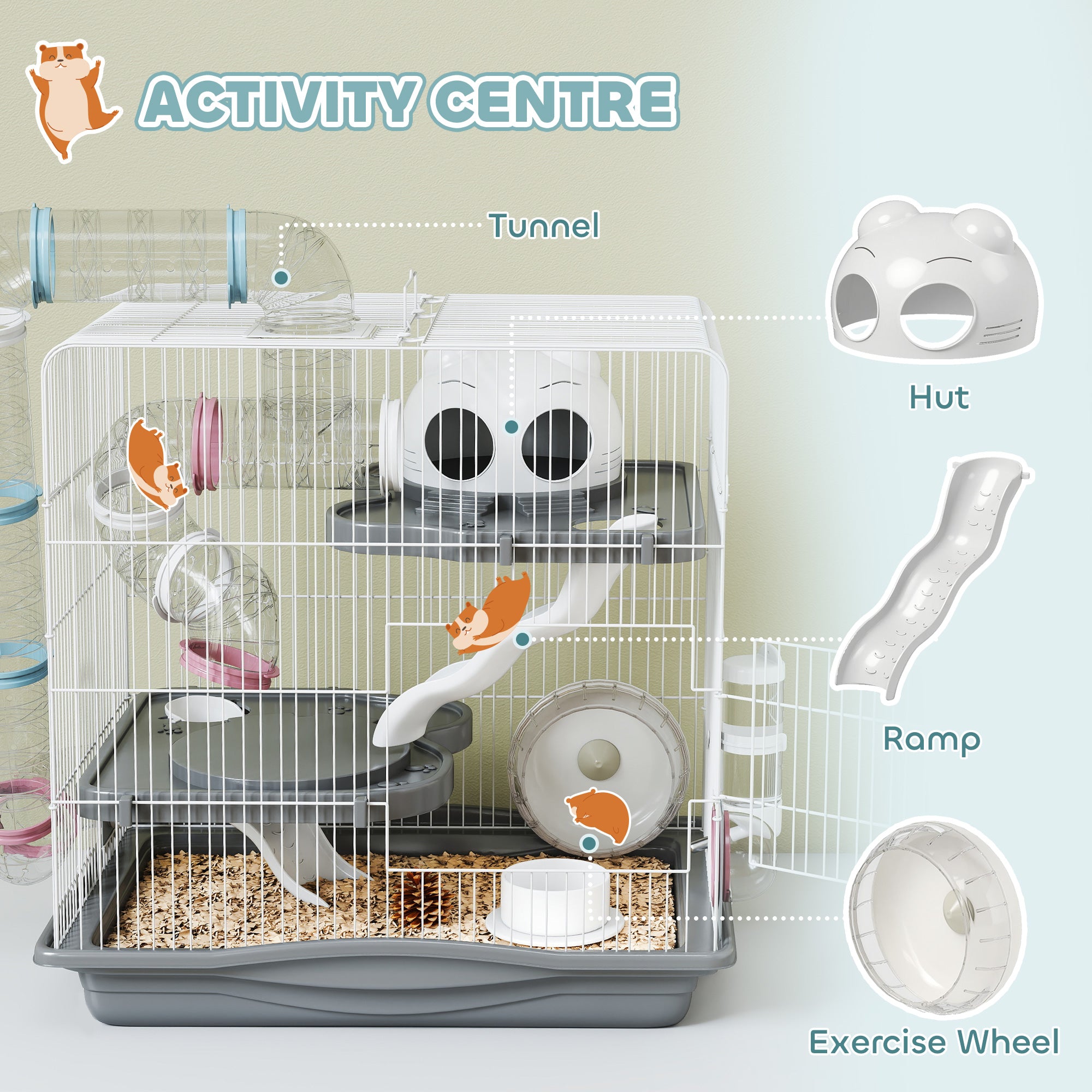 3-Tier Hamster Cage, Portable Gerbil Cage with Exercise Wheels, Water Bottle, Food Dish, for Dwarf Hamsters, Mouse, Grey