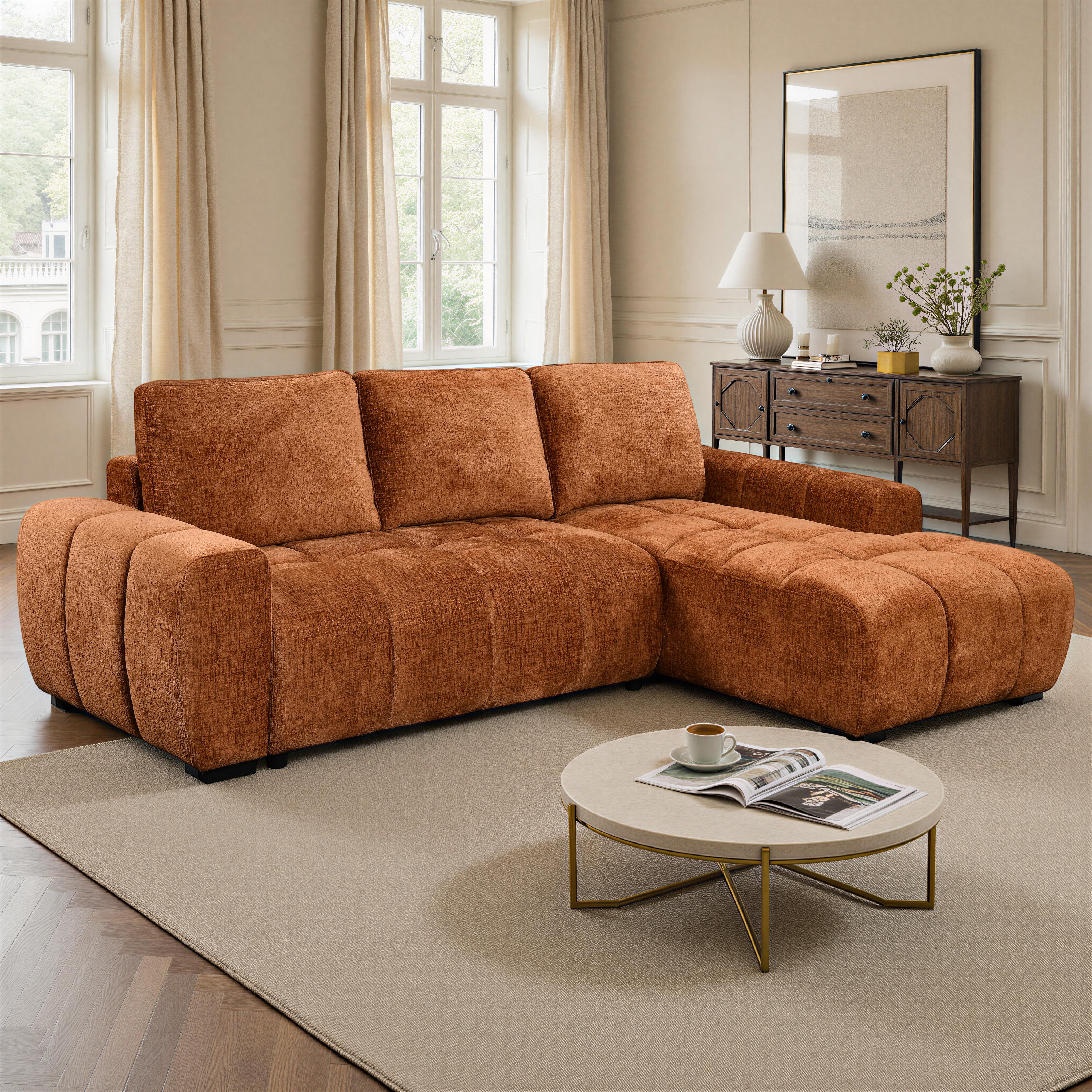 Mia 103 in. Right-Facing Sectional Sofa Bed with Chaise in Rust-Furniture > Sofas-DECOROLALA