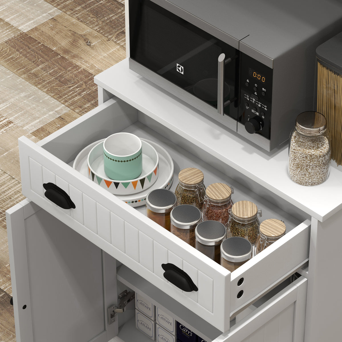 Microwave Cabinet - White Kitchen Storage with Drawer & Shelf-Home Furnishings > Storage & Organization > Kitchen Pantry Cabinets-DECOROLALA