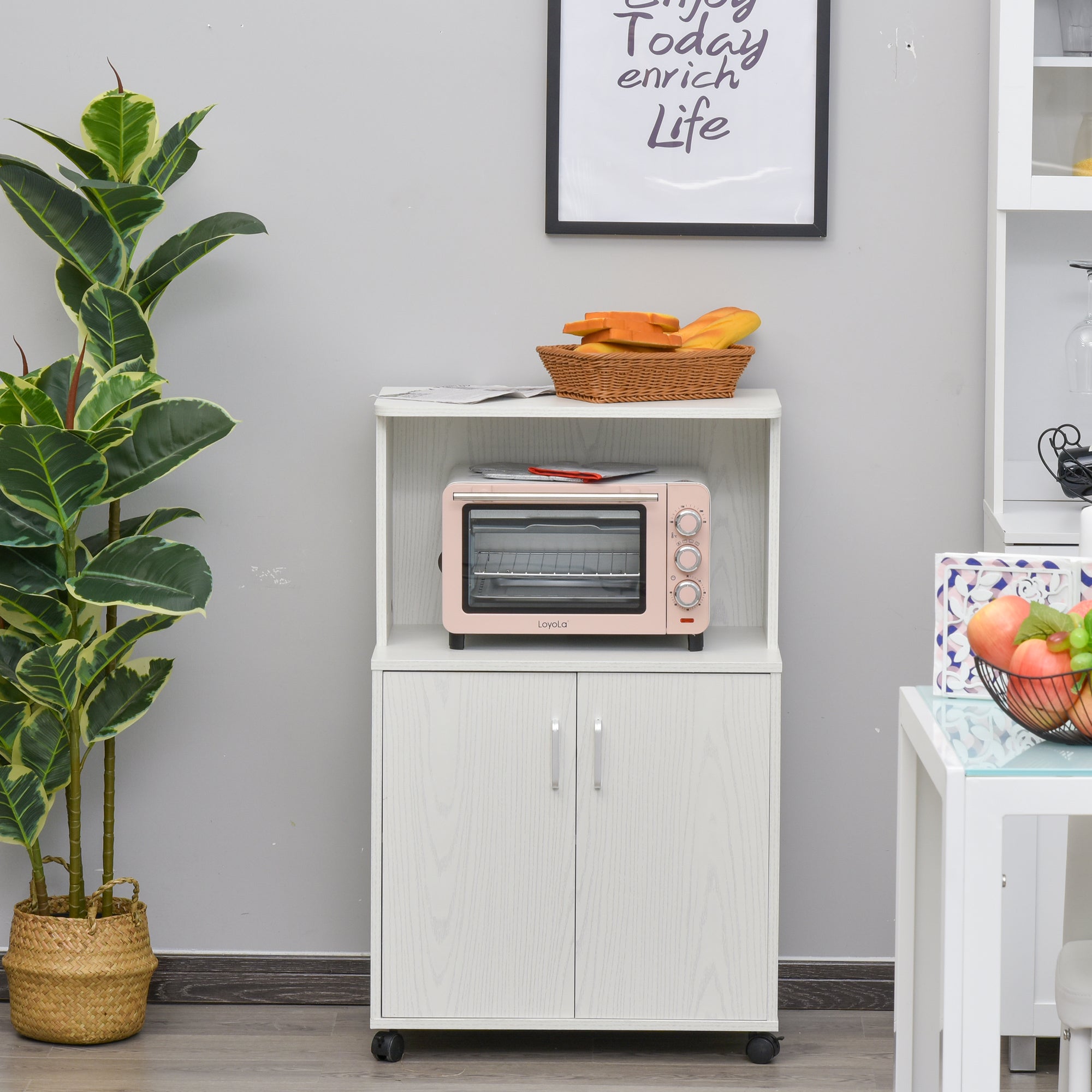 Microwave Cart on Wheels Utility Trolley Storage Sideboard Bookcase with 2-door Cabinet, White Oak-Home Furnishings > Storage & Organization > Kitchen Pantry Cabinets-DECOROLALA
