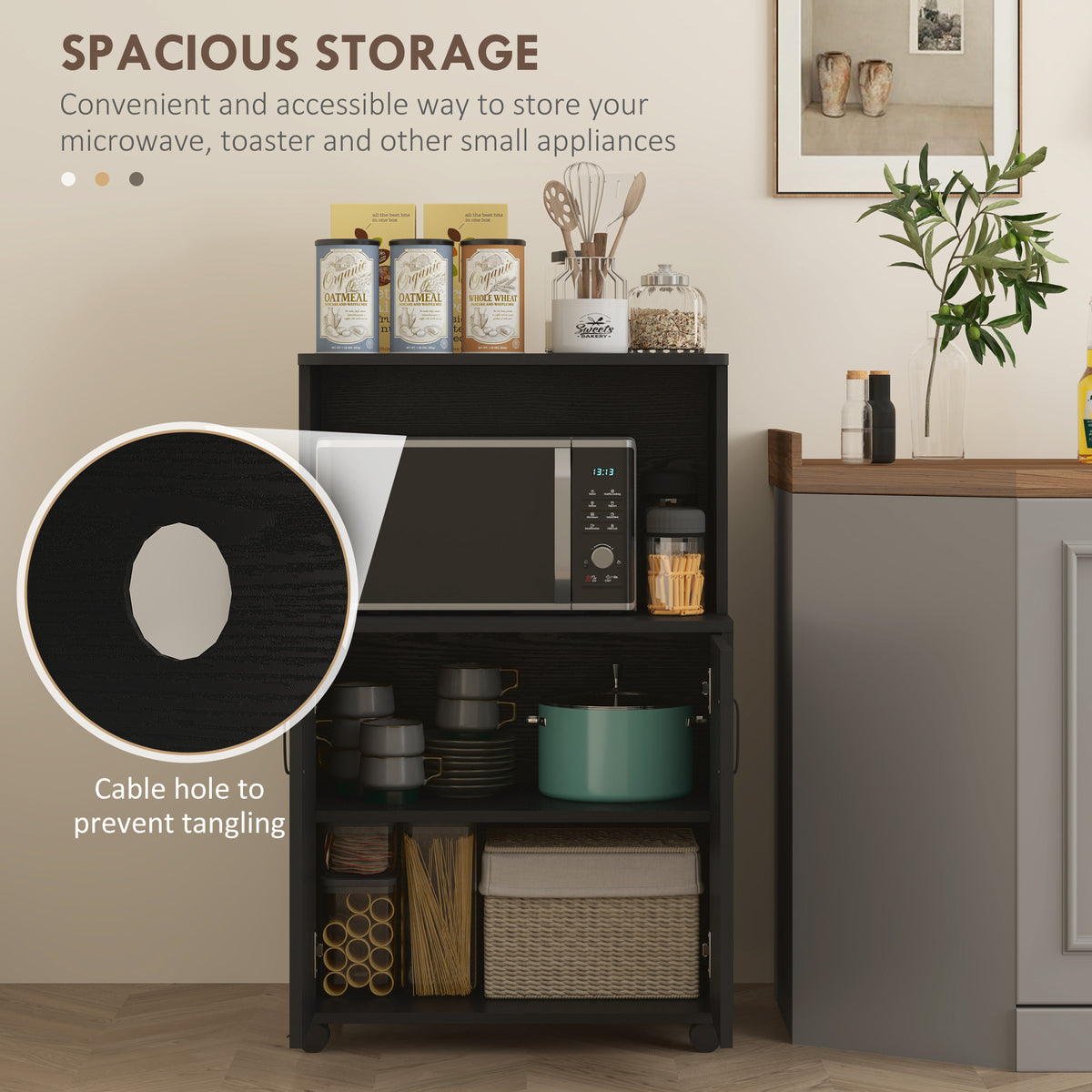 Microwave Cart on Wheels with 2-Door Cabinet - Black Wood Grain-Home Furnishings > Storage & Organization > Kitchen Pantry Cabinets-DECOROLALA
