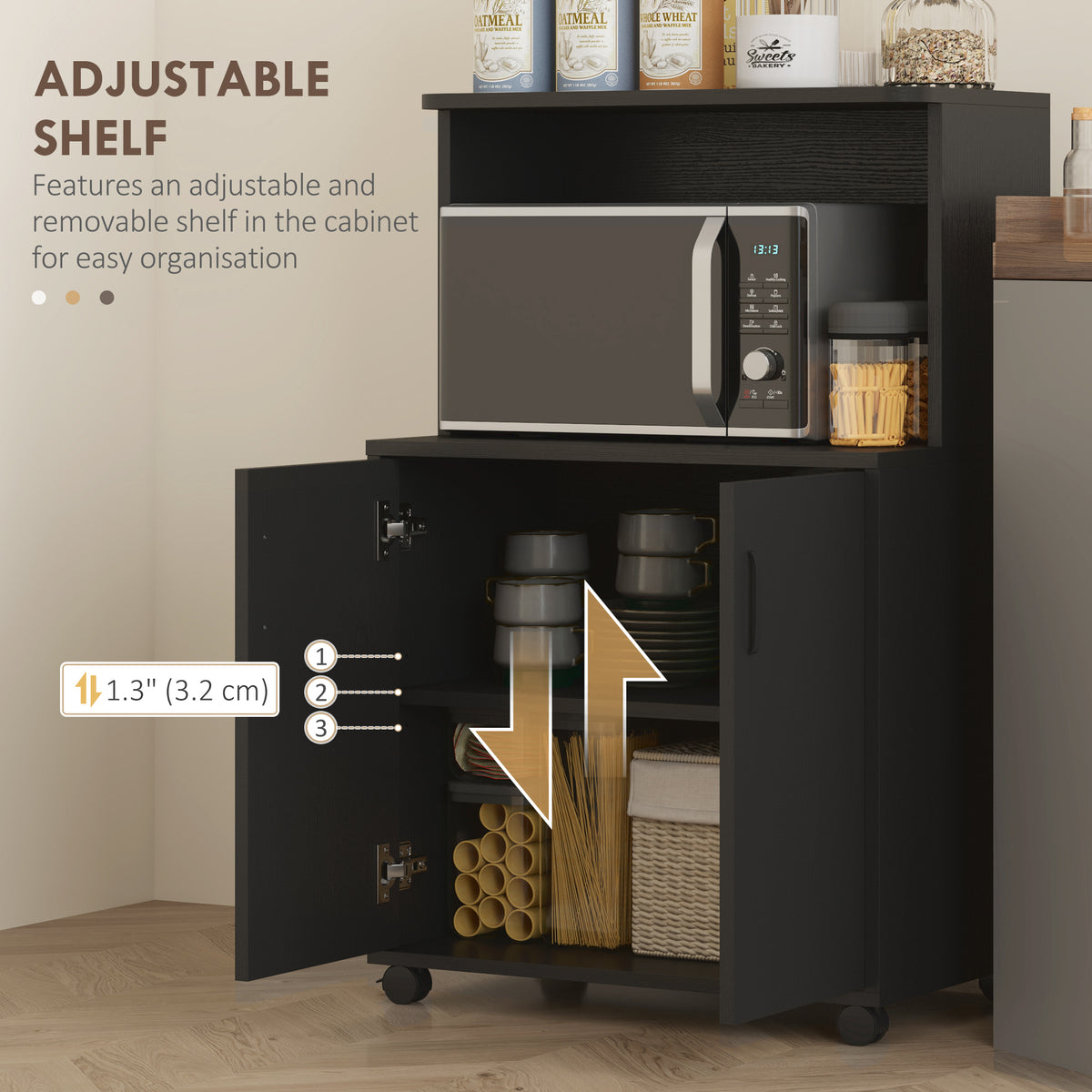 Microwave Cart on Wheels with 2-Door Cabinet - Black Wood Grain-Home Furnishings > Storage & Organization > Kitchen Pantry Cabinets-DECOROLALA