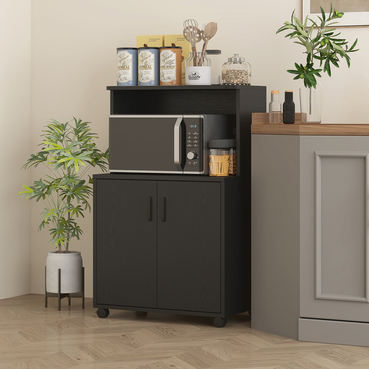 Microwave Cart on Wheels with 2-Door Cabinet - Black Wood Grain-Home Furnishings > Storage & Organization > Kitchen Pantry Cabinets-DECOROLALA