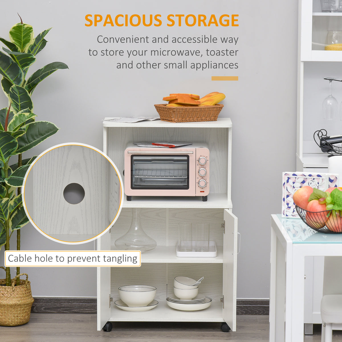 Microwave Cart on Wheels with 2-Door Cabinet - White Oak-Home Furnishings > Storage & Organization > Kitchen Pantry Cabinets-DECOROLALA