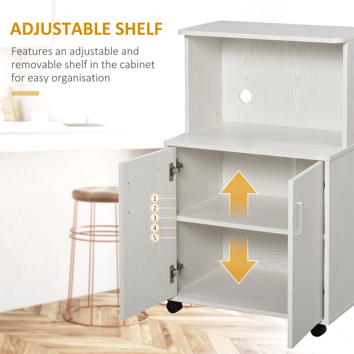 Microwave Cart on Wheels with 2-Door Cabinet - White Oak-Home Furnishings > Storage & Organization > Kitchen Pantry Cabinets-DECOROLALA