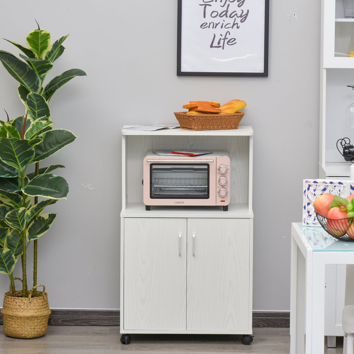 Microwave Cart on Wheels with 2-Door Cabinet - White Oak-Home Furnishings > Storage & Organization > Kitchen Pantry Cabinets-DECOROLALA
