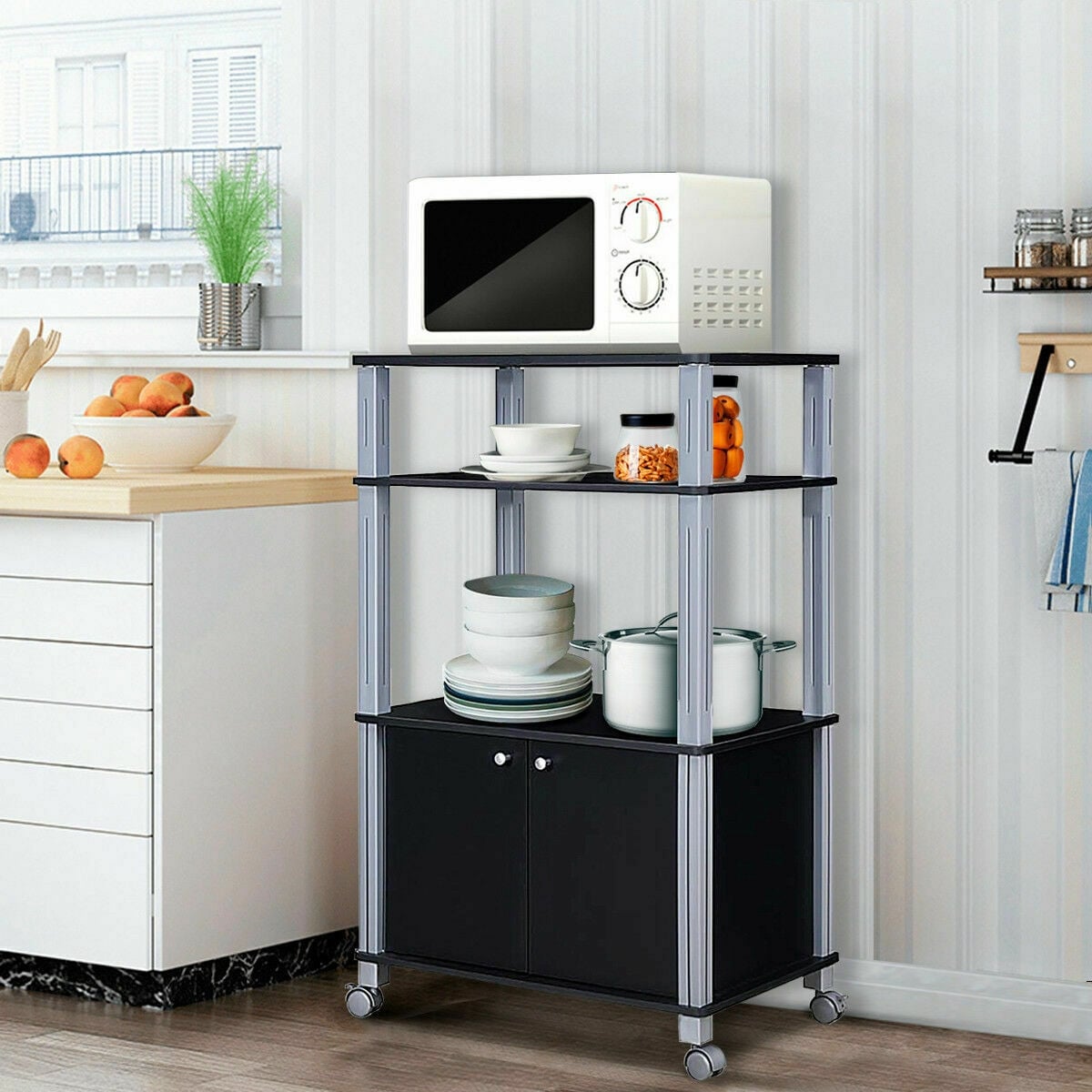 Microwave Rack Stand Rolling Storage Cart-Black-Baker’s Racks-DECOROLALA