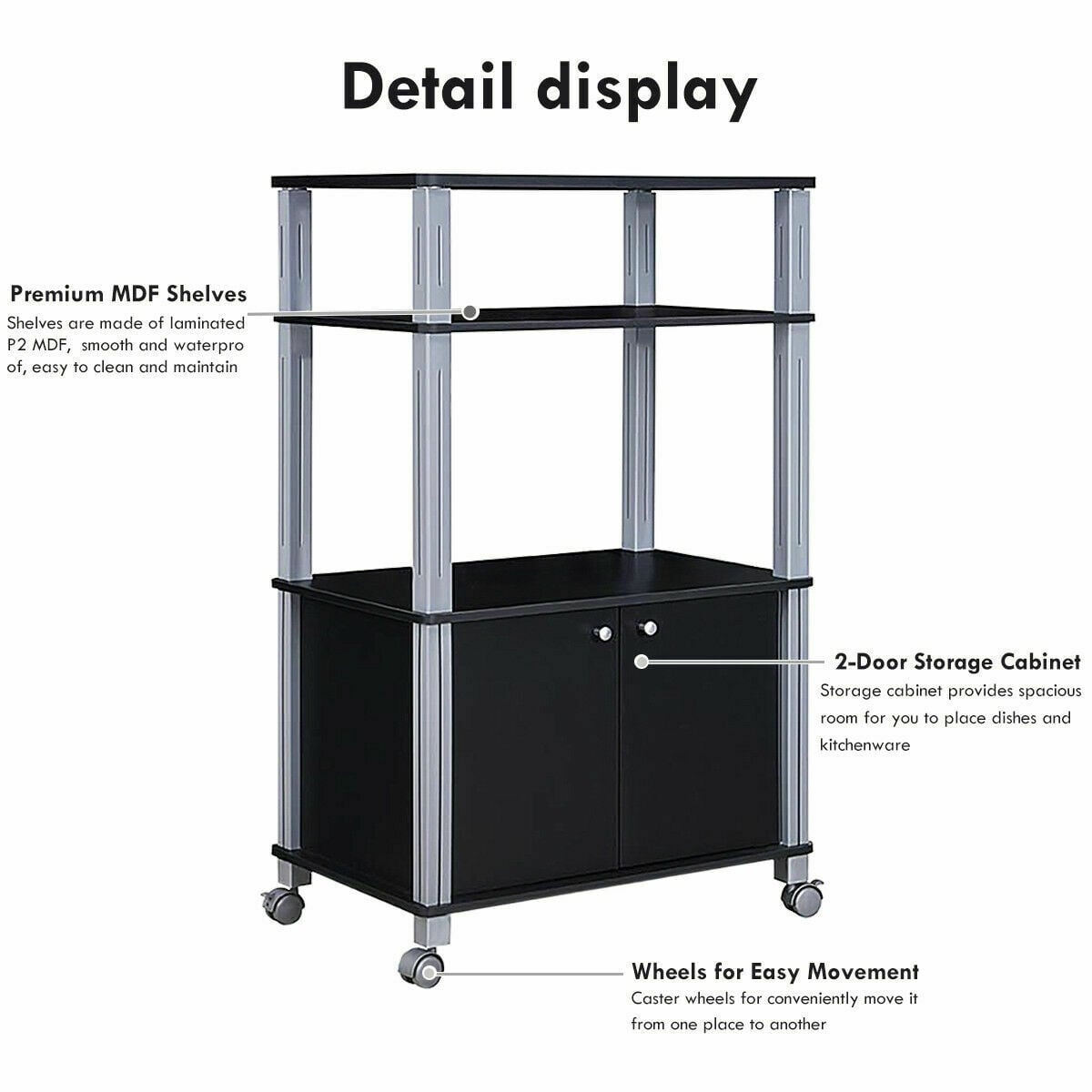 Microwave Rack Stand Rolling Storage Cart-Black-Baker’s Racks-DECOROLALA