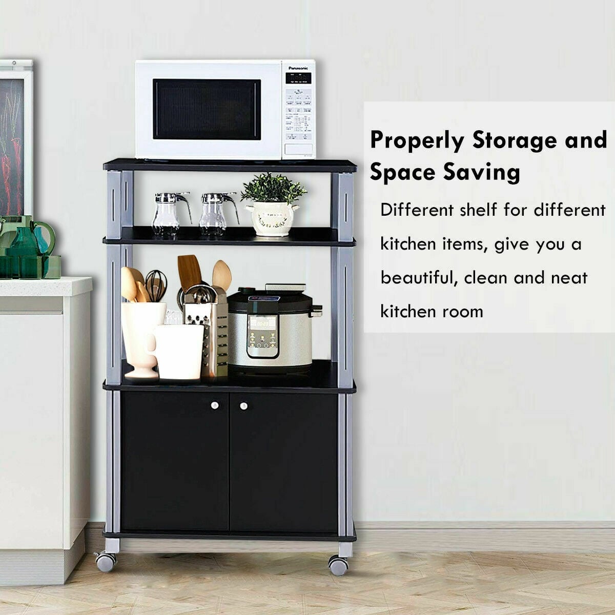 Microwave Rack Stand Rolling Storage Cart-Black-Baker’s Racks-DECOROLALA