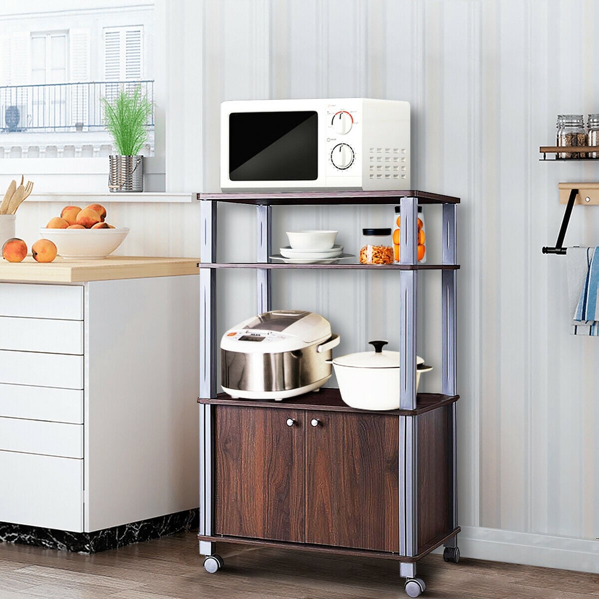 Microwave Rack Stand Rolling Storage Cart-Walnut-Baker’s Racks-DECOROLALA