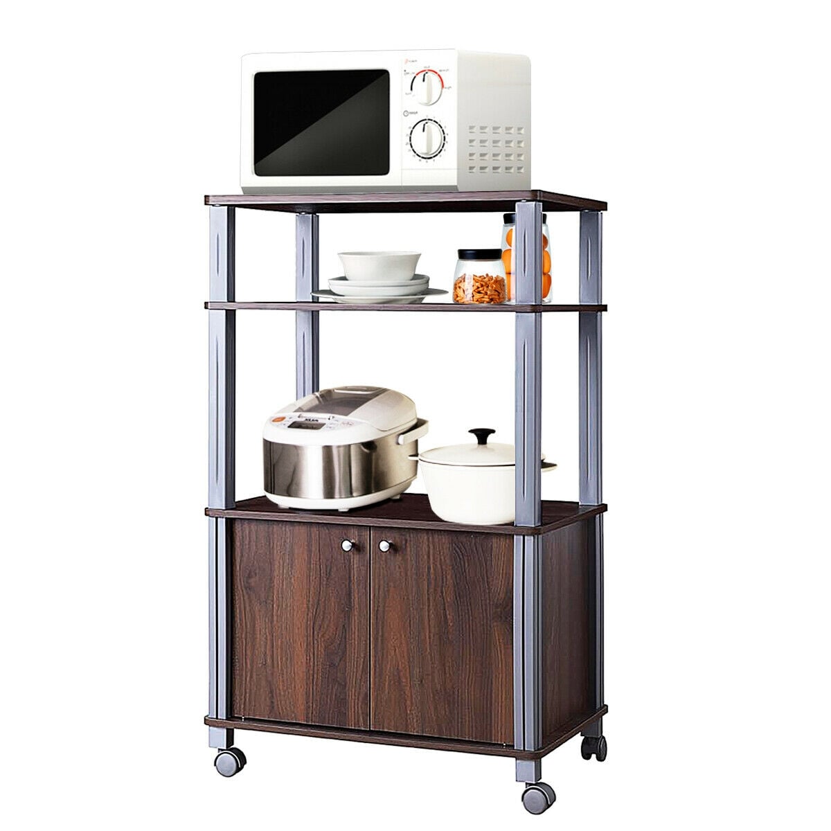 Microwave Rack Stand Rolling Storage Cart-Walnut-Baker’s Racks-DECOROLALA