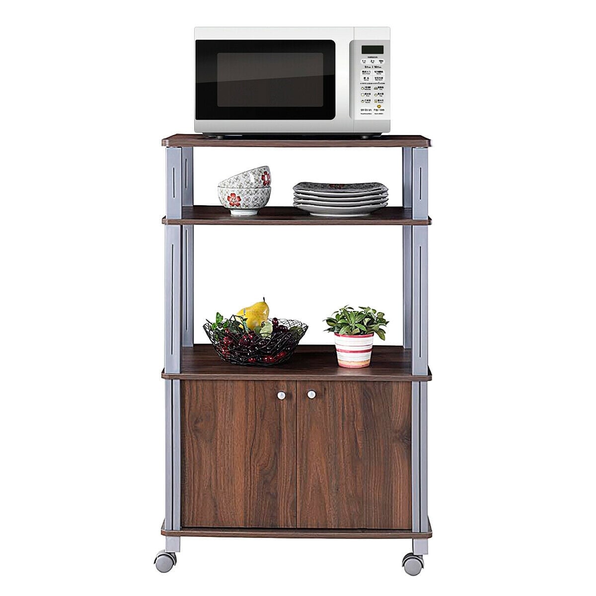 Microwave Rack Stand Rolling Storage Cart-Walnut-Baker’s Racks-DECOROLALA