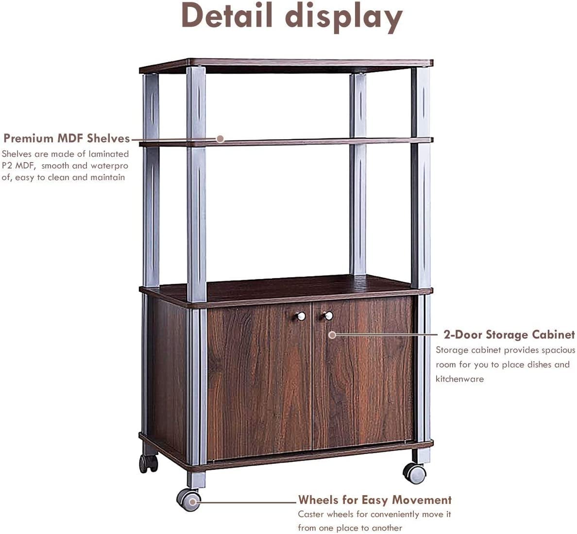 Microwave Rack Stand Rolling Storage Cart-Walnut-Baker’s Racks-DECOROLALA