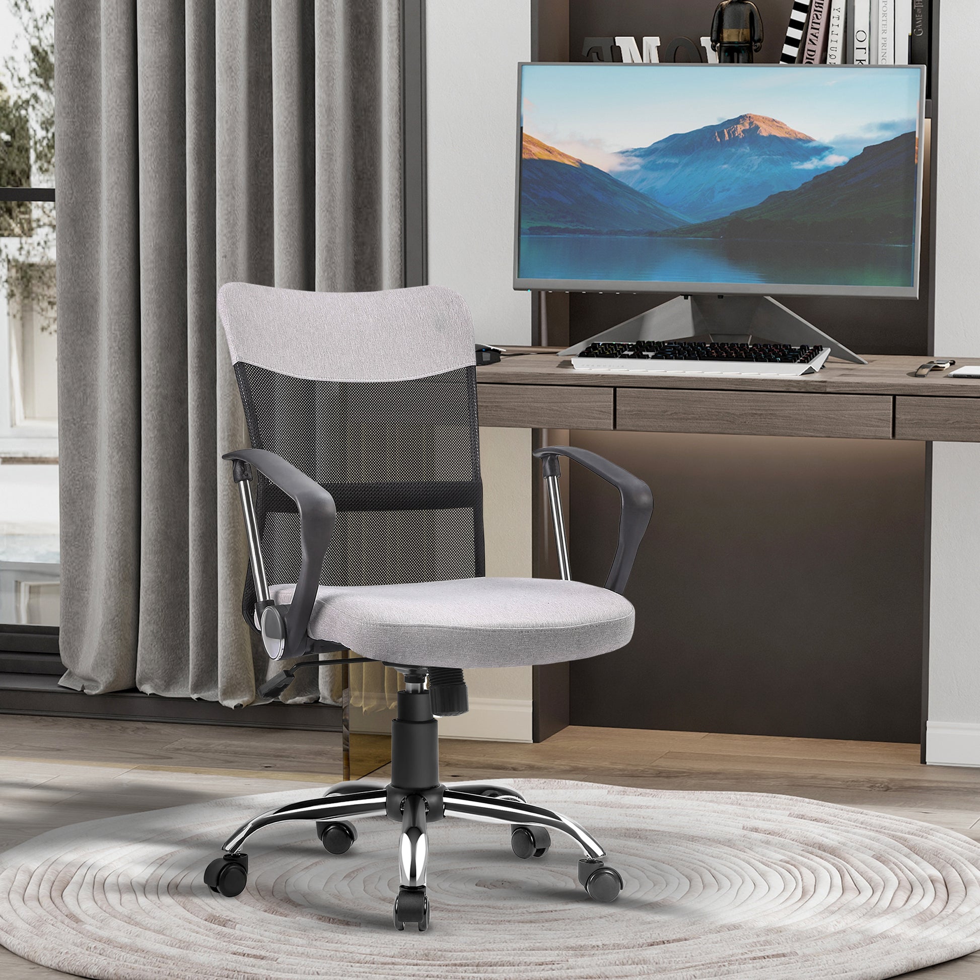 Mid Back Office Chair - Grey Linen Mesh with Flip-Up Arms-Office Products > Office Furniture > Office Chairs > Task Chairs-DECOROLALA