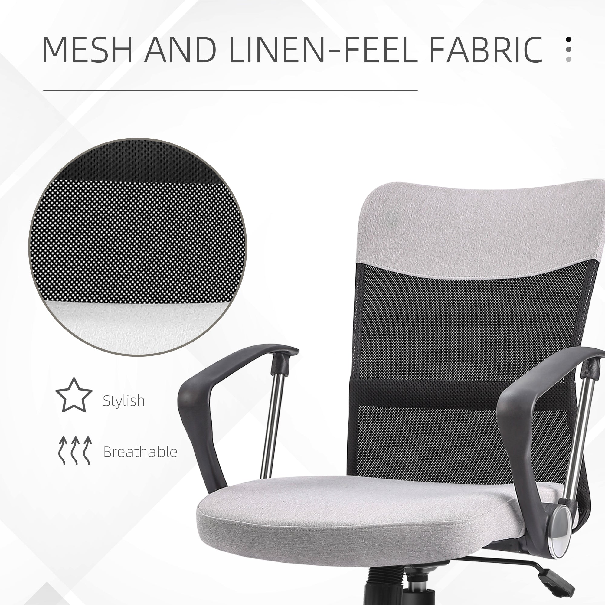 Mid Back Office Chair, Linen Adjustable Office Chair with Lumbar Back Support, Arm, Adjustable Height, Grey-Office Products > Office Furniture > Office Chairs > Task Chairs-DECOROLALA