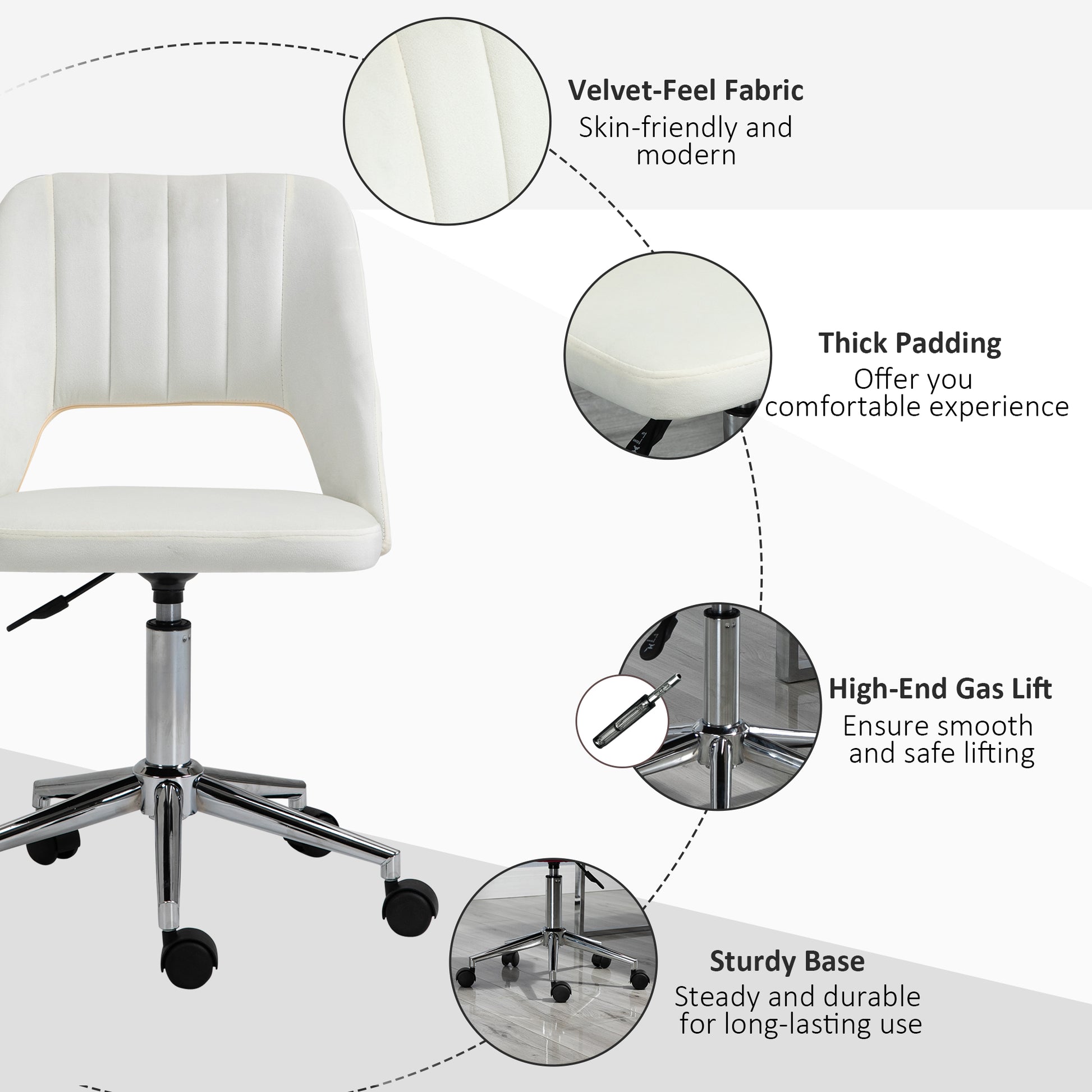 Mid Back Office Chair Velvet Fabric Swivel Scallop Shape Computer Desk Chair, Cream White-Office Products > Office Furniture > Office Chairs-DECOROLALA