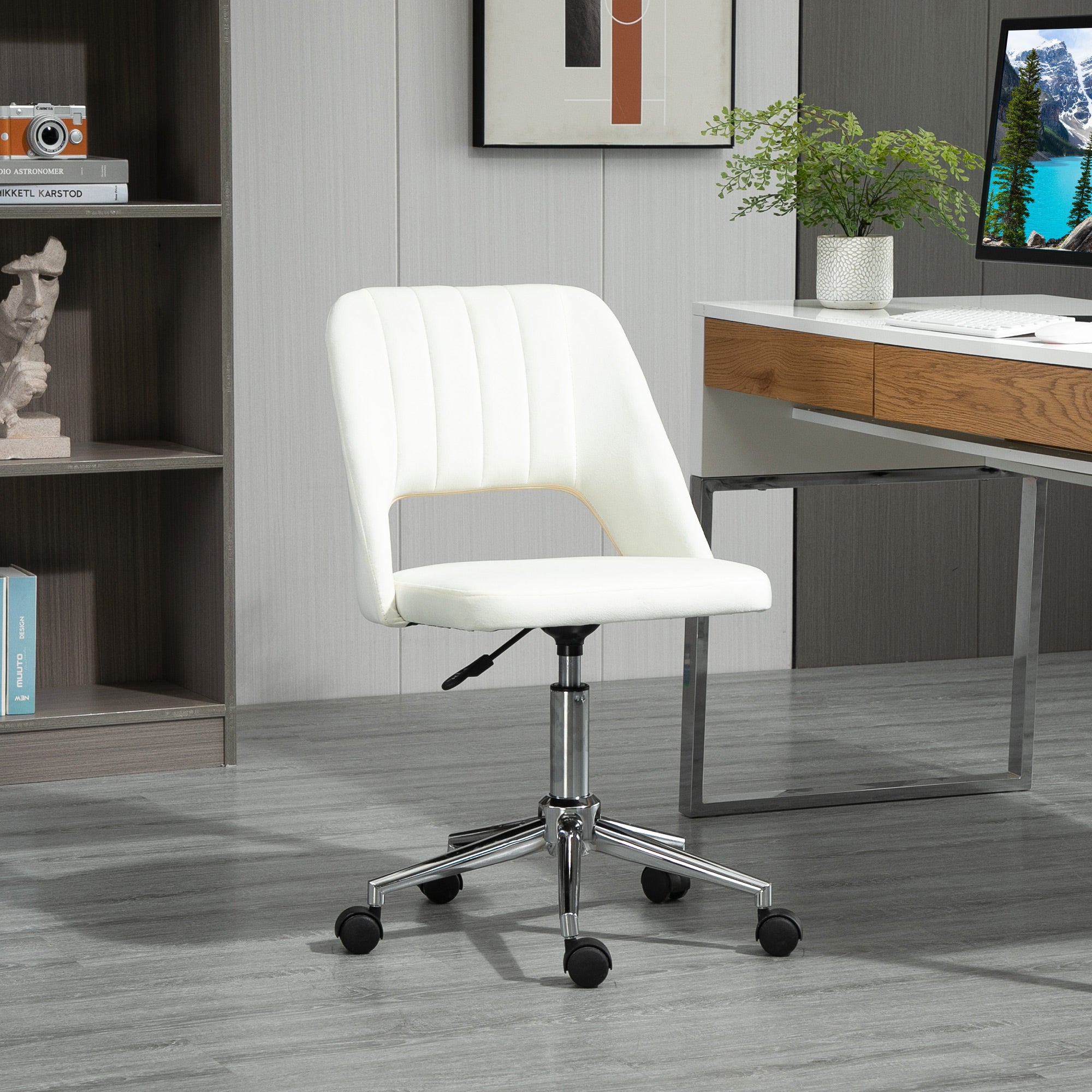 Mid Back Office Chair Velvet Fabric Swivel Scallop Shape Computer Desk Chair, Cream White-Office Products > Office Furniture > Office Chairs-DECOROLALA