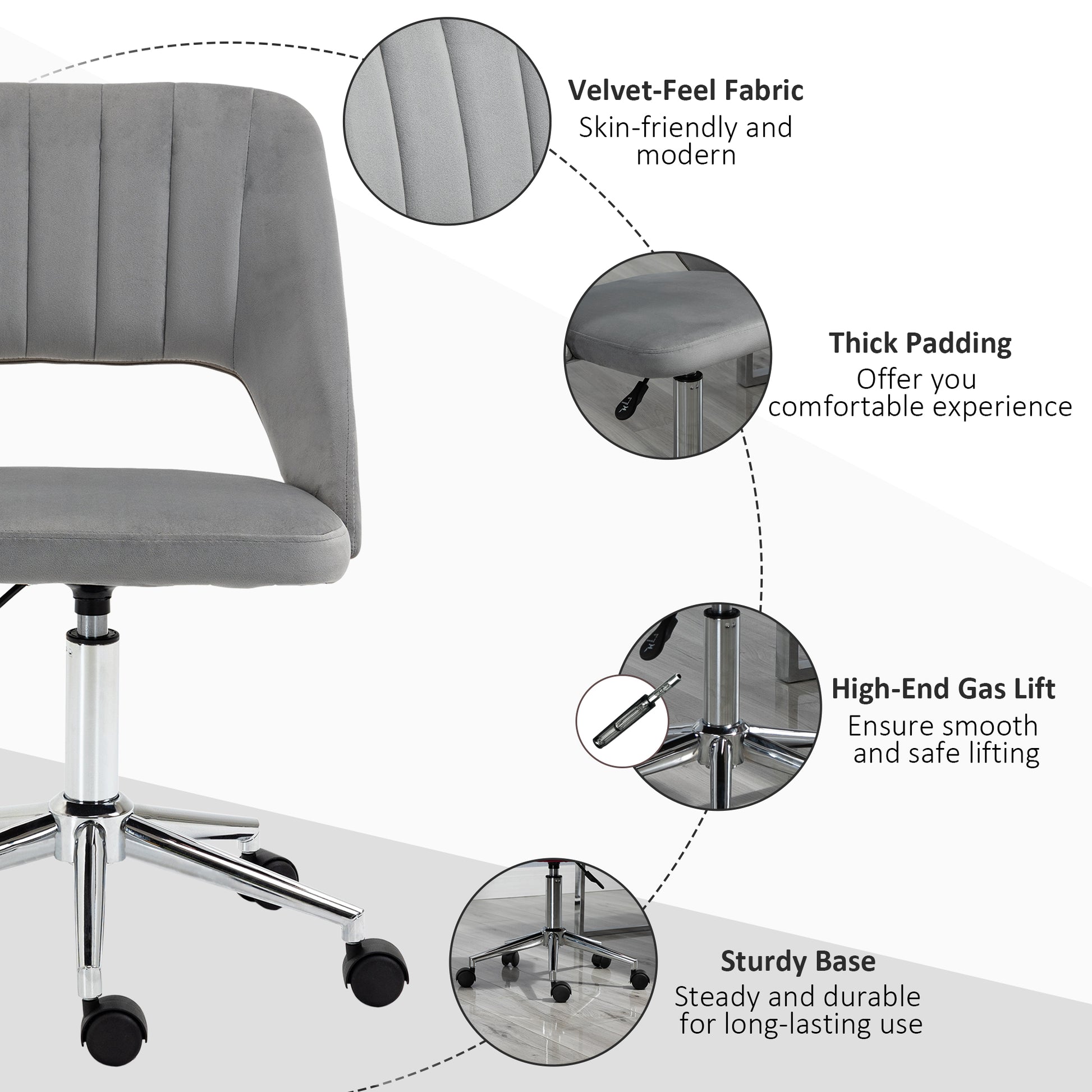 Mid Back Office Chair Velvet Fabric Swivel Scallop Shape Computer Desk Chair, Grey-Office Products > Office Furniture > Office Chairs > Task Chairs-DECOROLALA