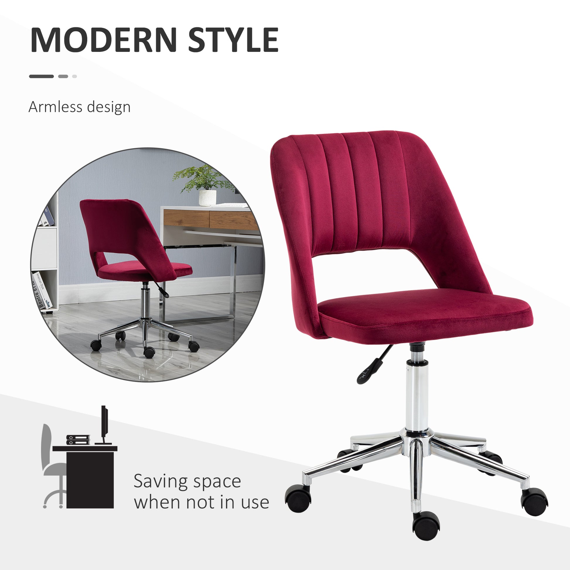 Mid Back Office Chair Velvet Fabric Swivel Scallop Shape Computer Desk Chair, Red-Office Products > Office Furniture > Office Chairs > Task Chairs-DECOROLALA