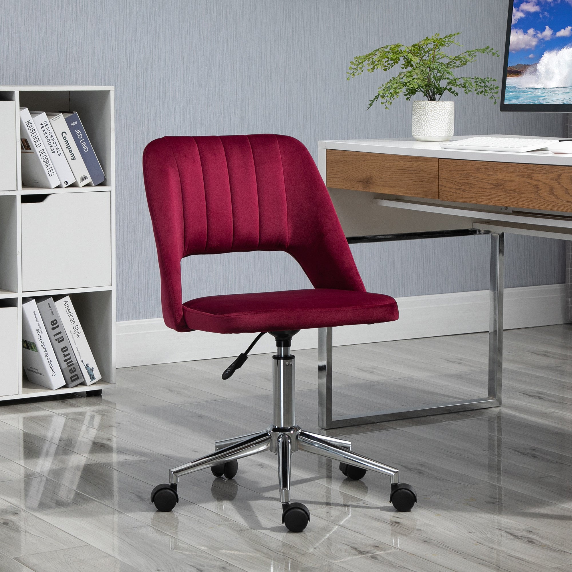 Mid-Back Velvet Office Chair - Red Scallop Swivel Chair-Office Products > Office Furniture > Office Chairs > Task Chairs-DECOROLALA
