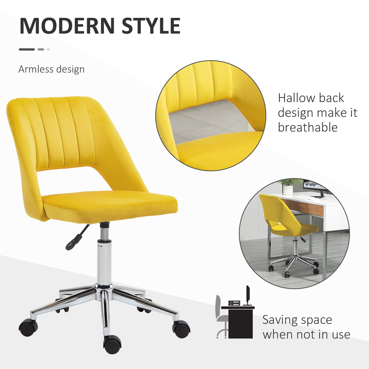 Mid-Back Velvet Office Chair - Scallop Swivel Chair, Yellow-Office Products > Office Furniture > Office Chairs-DECOROLALA